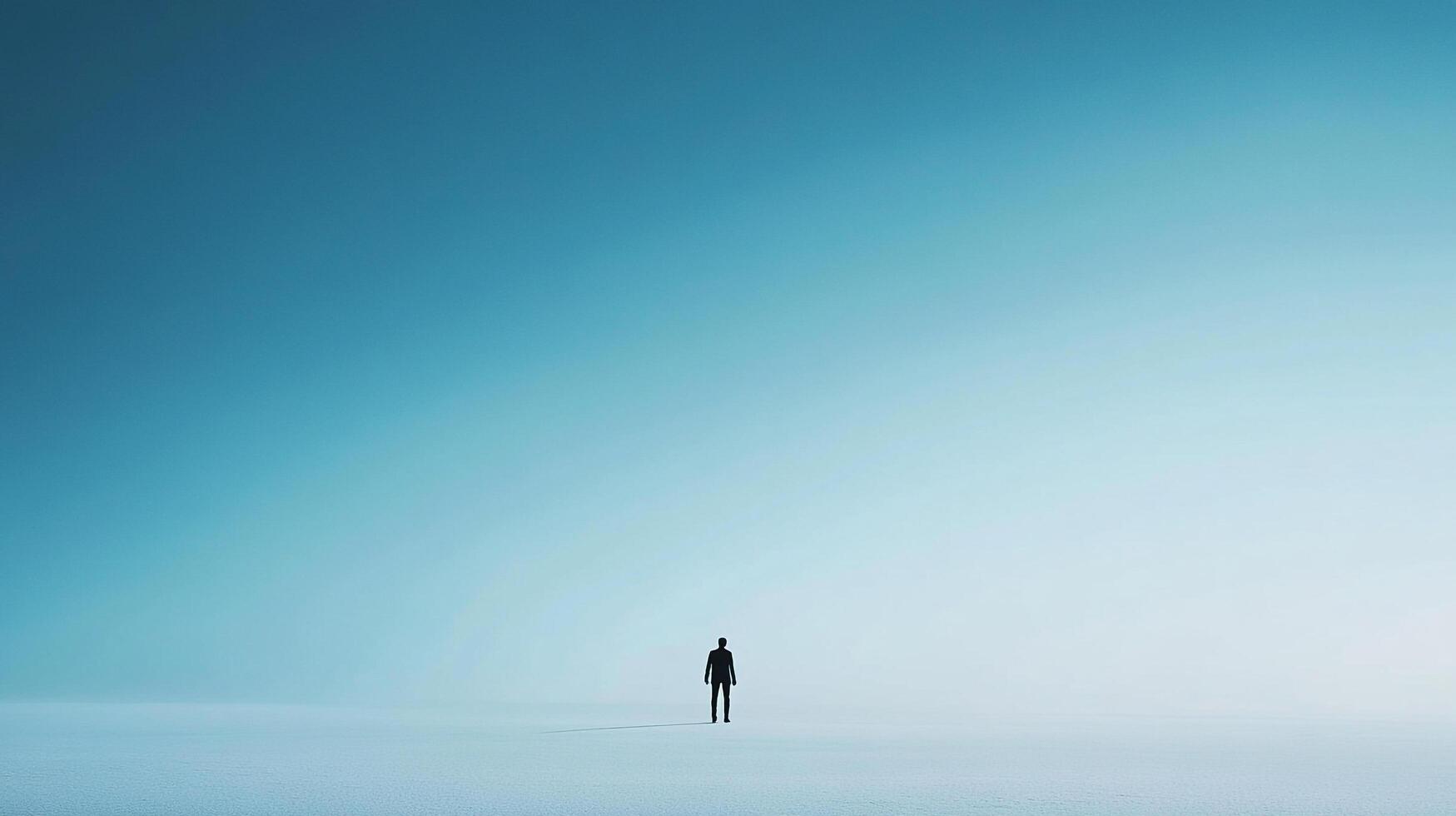 A solitary figure stands small against the vast expanse of a tranquil, minimalist landscape, creating a sense of serenity and isolation. photo