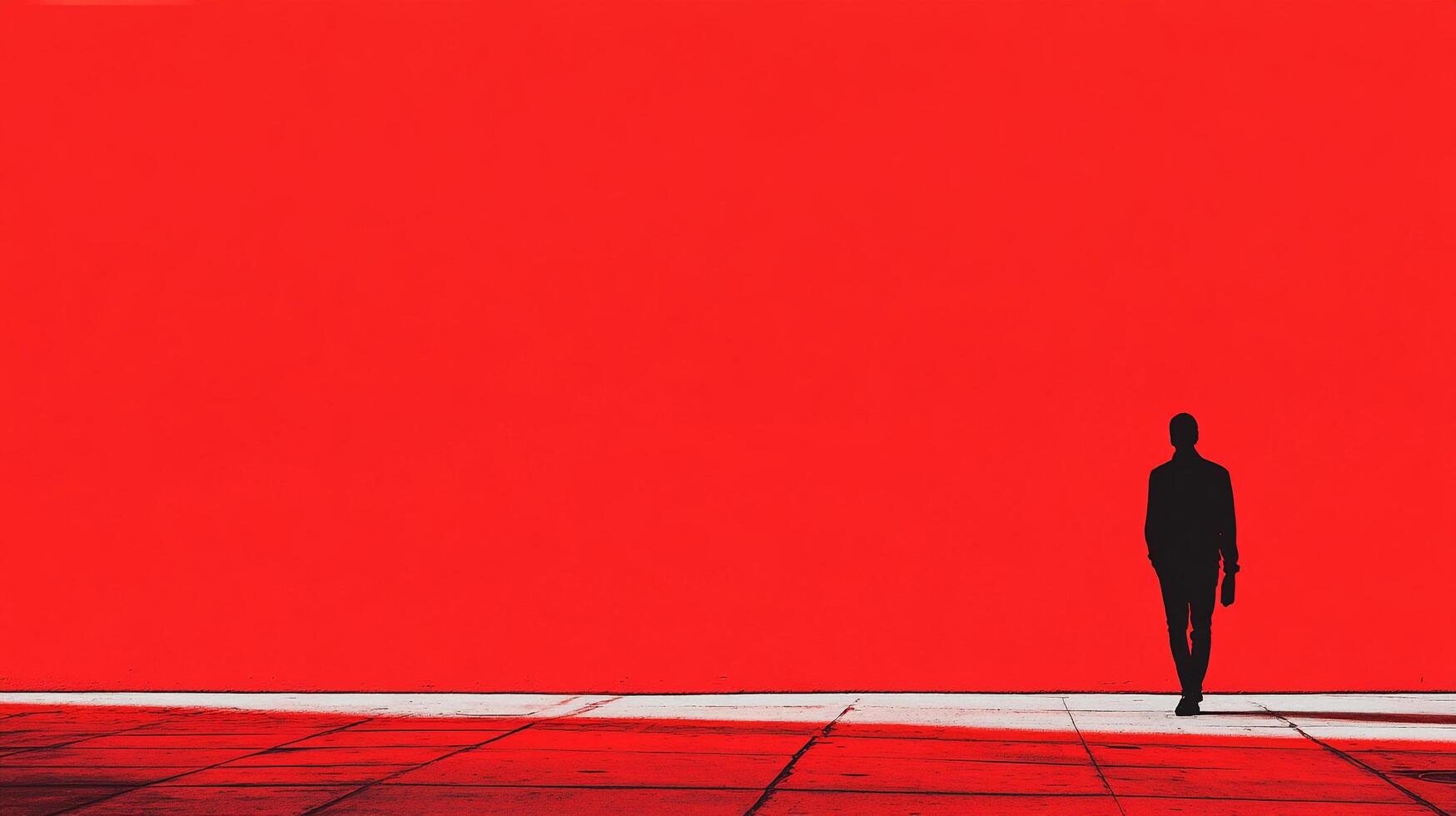 A lone figure walks towards the viewer against a vibrant red backdrop, emphasizing solitude and individual journey in a minimalist setting. photo