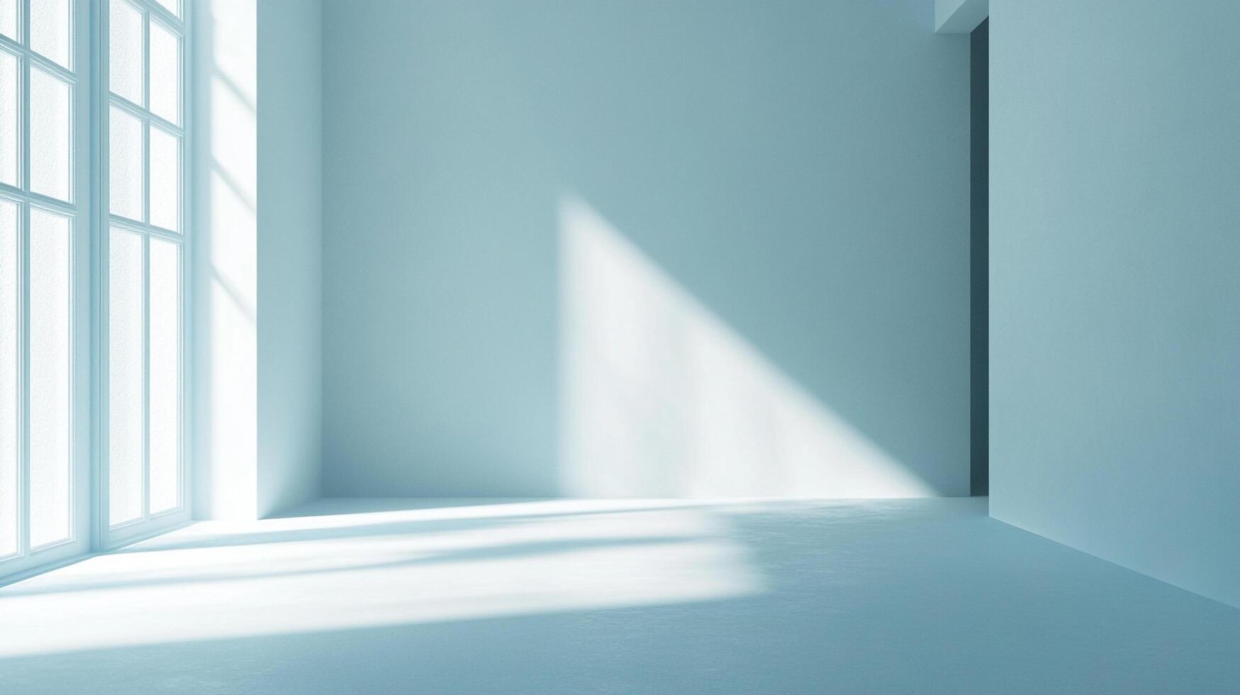 An empty room bathed in sunlight with cool color palette. The light streams through the tall window to create a calm, pristine atmosphere. photo