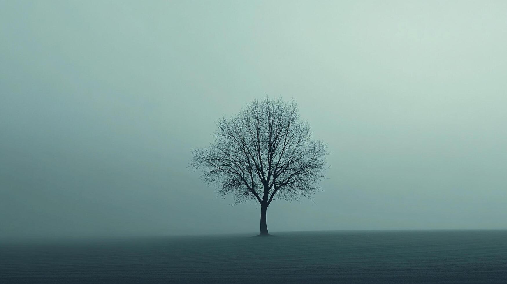 A solitary leafless tree emerges from a dense fog in a minimalist landscape. The muted colors create an atmosphere of serene isolation. photo