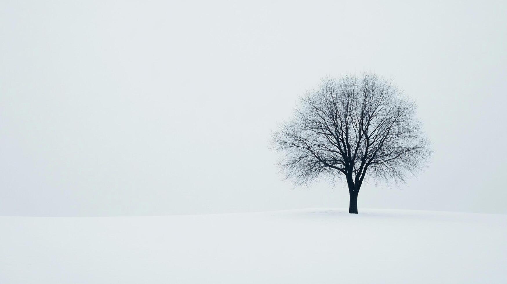 A solitary tree stands in a vast expanse of snow under a pale sky, embodying the stillness of winter's embrace. Bare branches reach up. photo