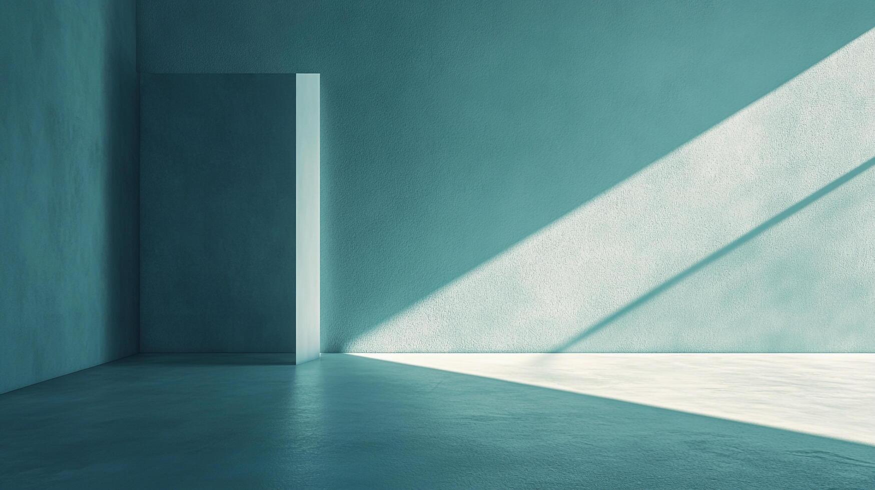 Minimalist room with natural light casting a diagonal stripe across textured walls and a smooth floor, showcasing modern architectural simplicity. photo