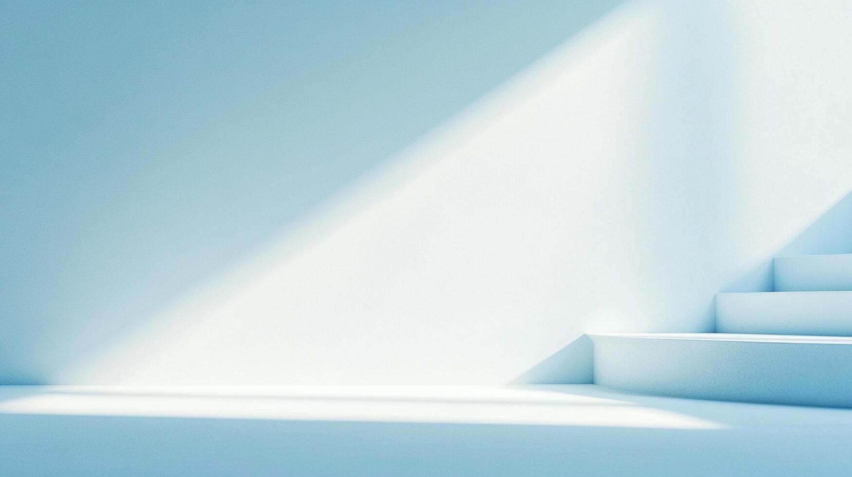 A serene, light-filled architectural space evokes a sense of minimalist elegance. Sunlight filters through a window, highlighting stairs. photo