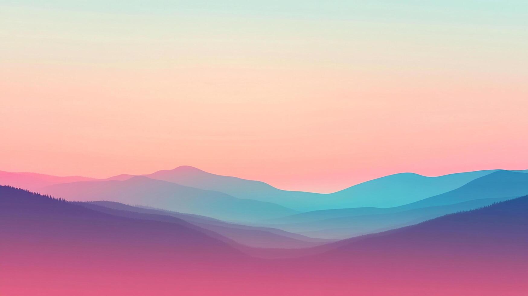 Layered mountain landscape with a soft gradient sky, transitioning from pink and peach to light blue, serene and minimalist scenic view. photo