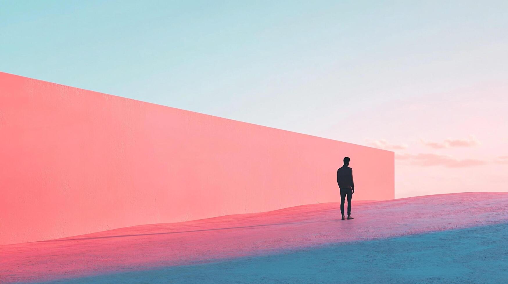 A solitary figure stands against a pink wall, merging pastel dreams with thoughtful contemplation in a surreal landscape. Serenity unfolds. photo