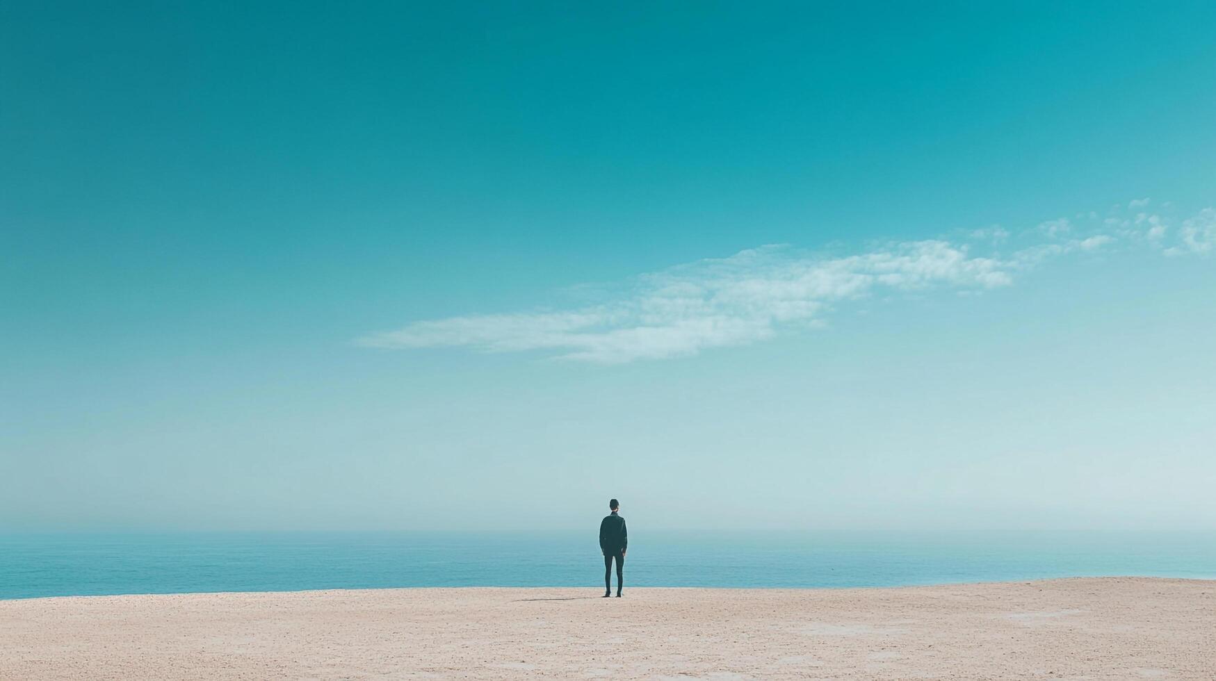 Figure gazes at the sea, standing on sand under a vast sky. Serene, tranquil, solitude. Ideal for wellness and travel themes. photo