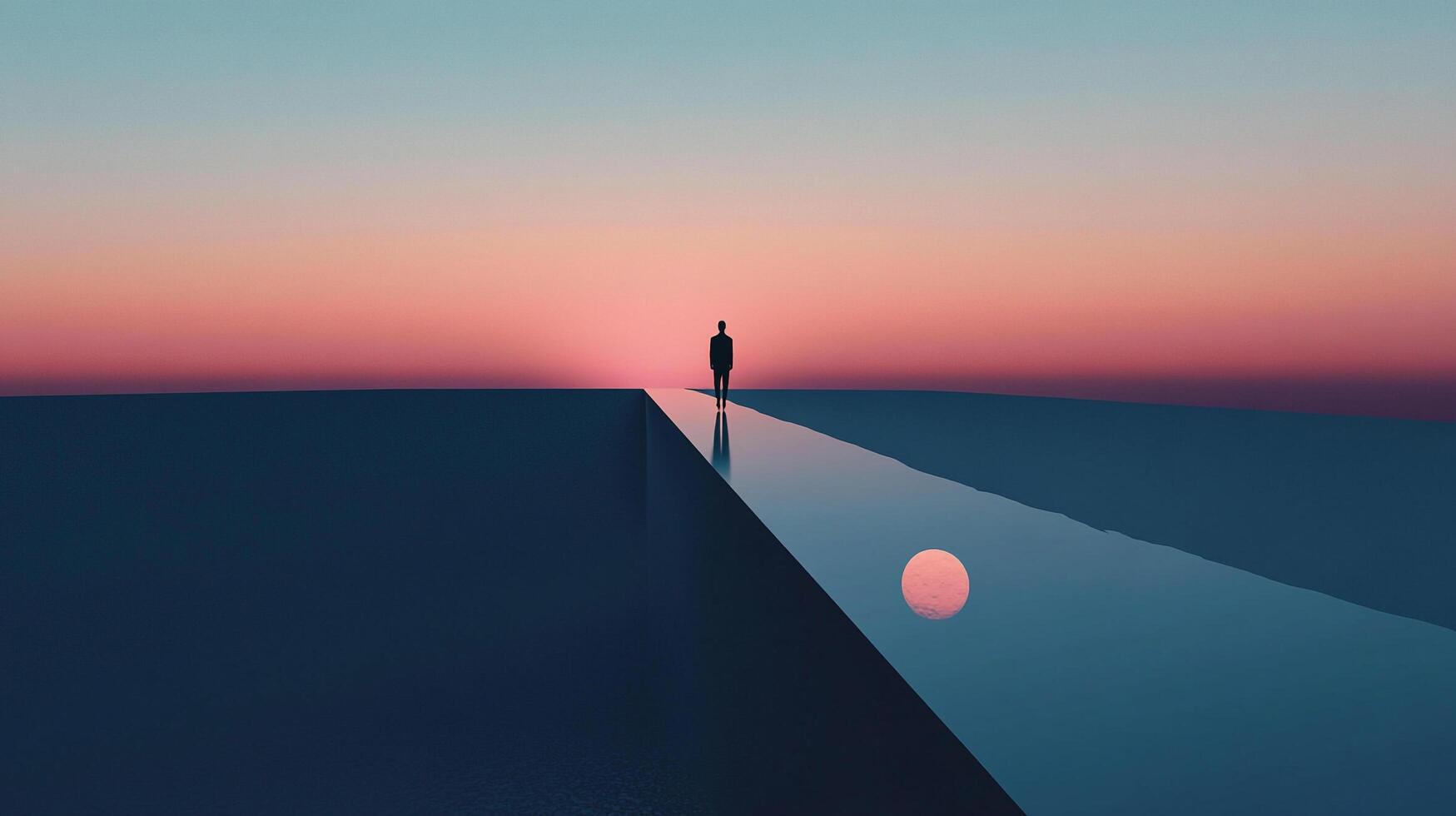 A lone figure stands on a geometric bridge leading towards a vibrant sunset, reflecting in the water below. Serene, contemplative image. photo