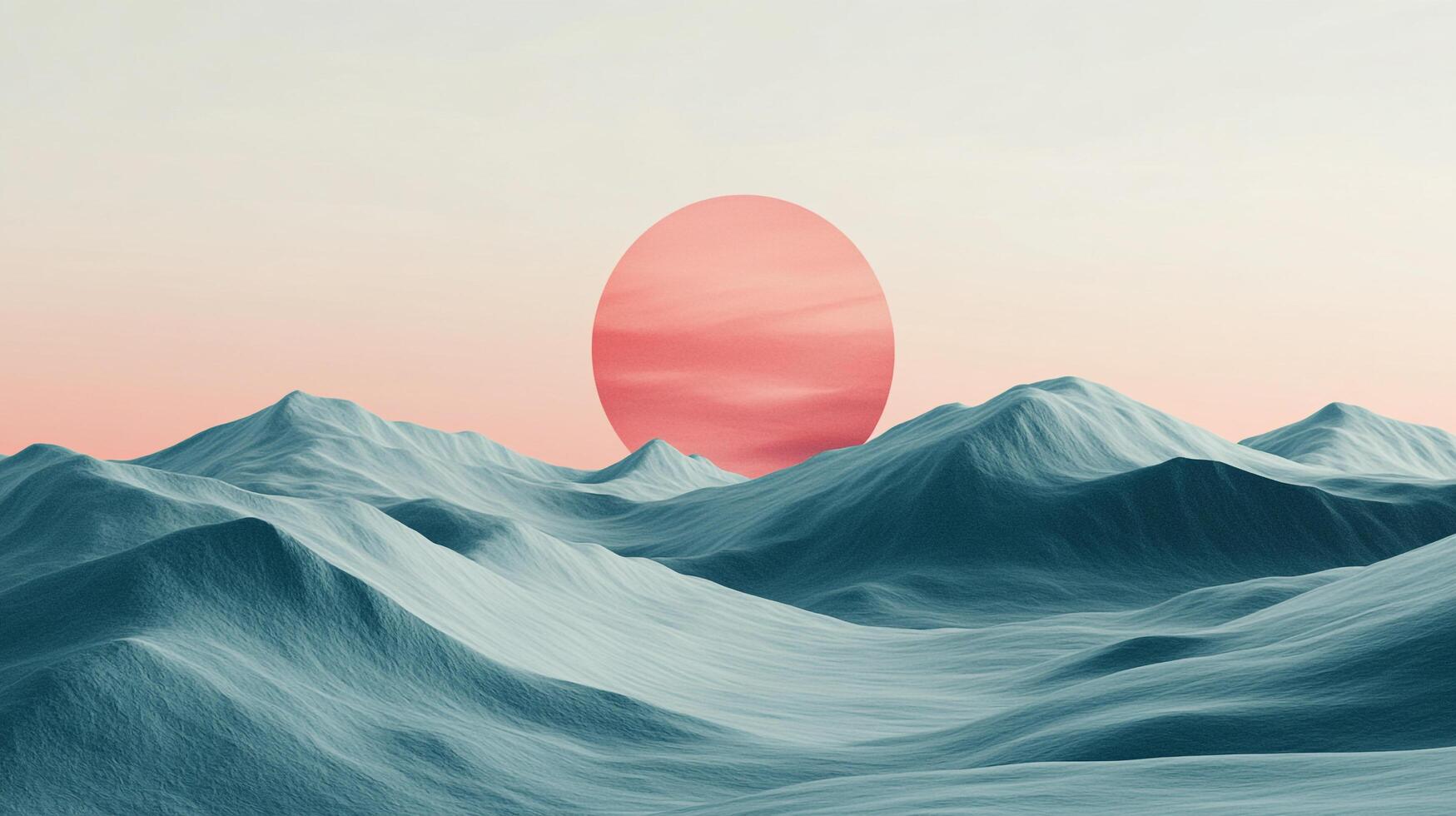 Surreal mountain landscape with a large pink sun setting. Pastel sky and textured mountains in cool tones create a serene environment. photo