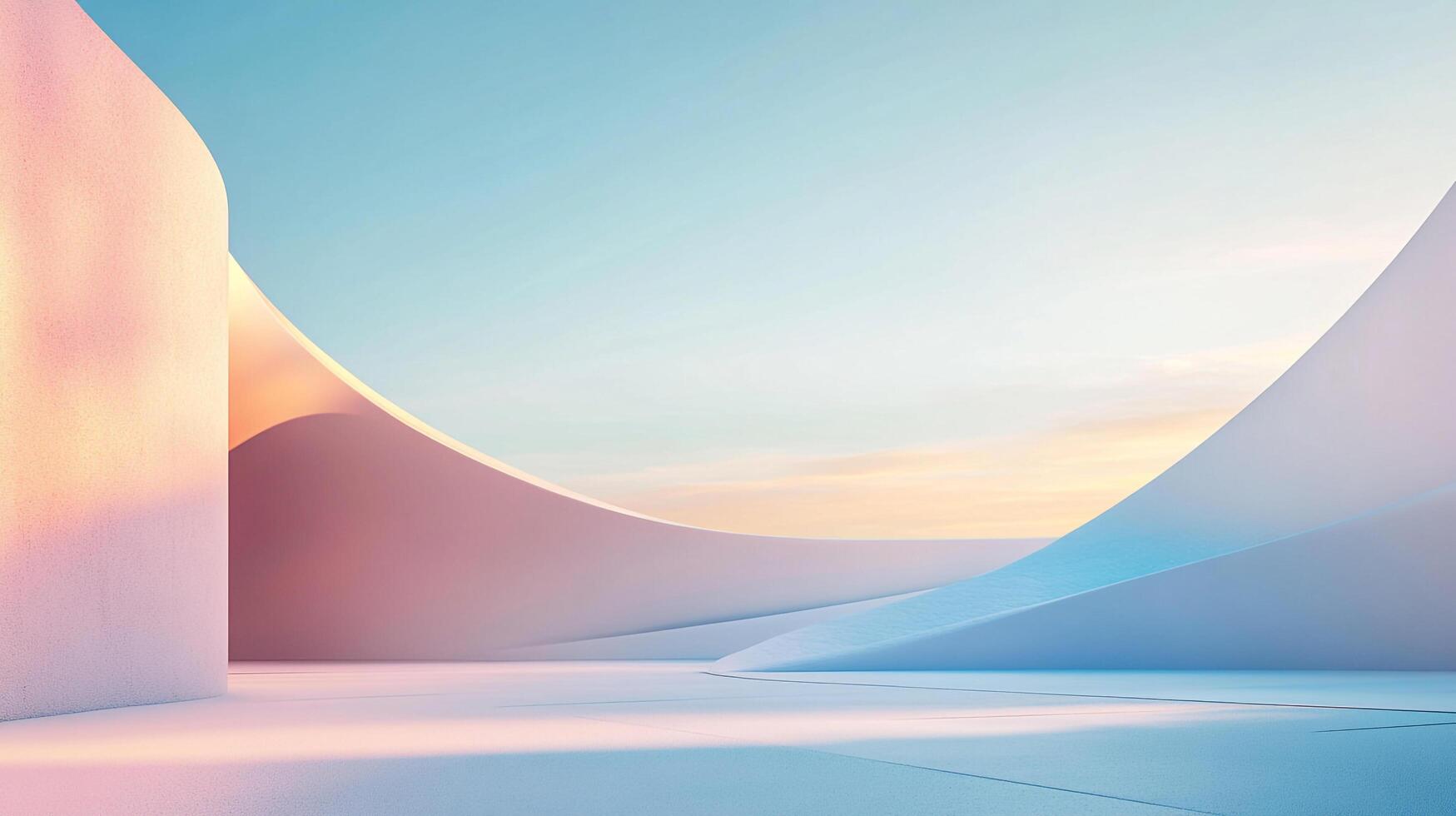 Minimalist architecture featuring smooth, curving white surfaces against a pastel sky. The scene exudes a sense of calm and openness. photo