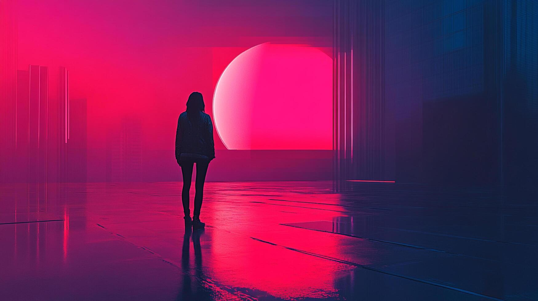 A solitary figure gazes at a glowing orb in a neon-lit, futuristic space, evoking feelings of wonder, introspection, and mystery. photo