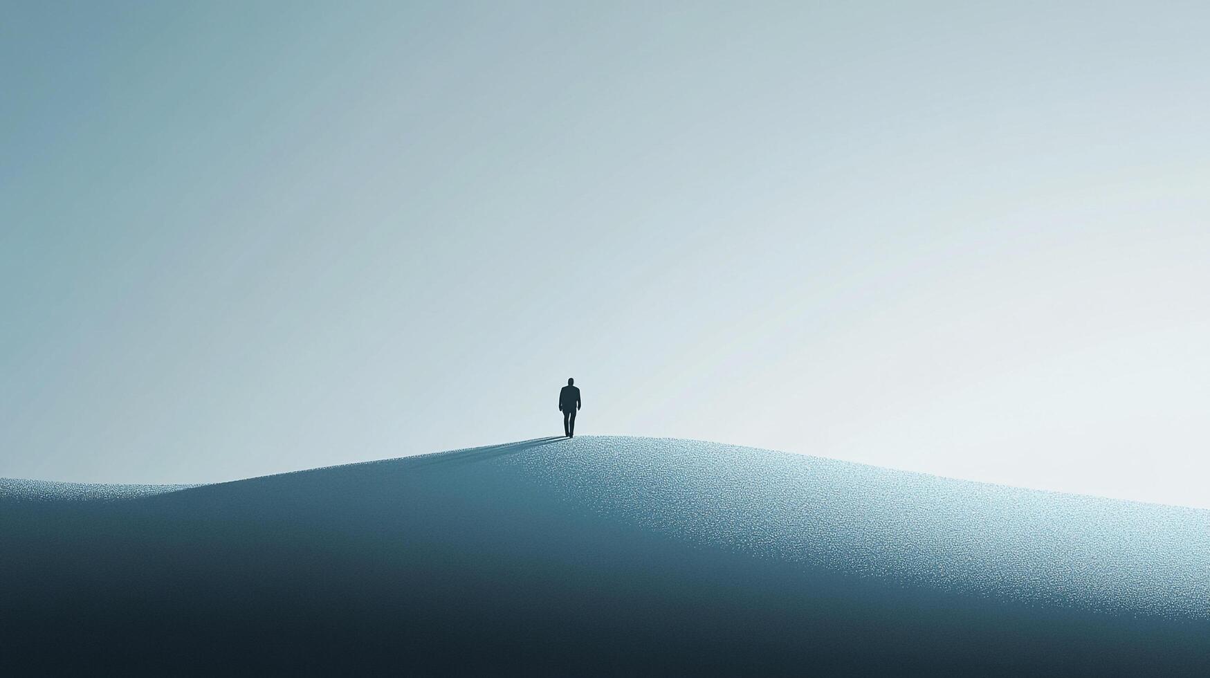 Solitary figure walks atop a gentle slope towards the horizon, set against a minimalist and serene blue-toned backdrop. photo