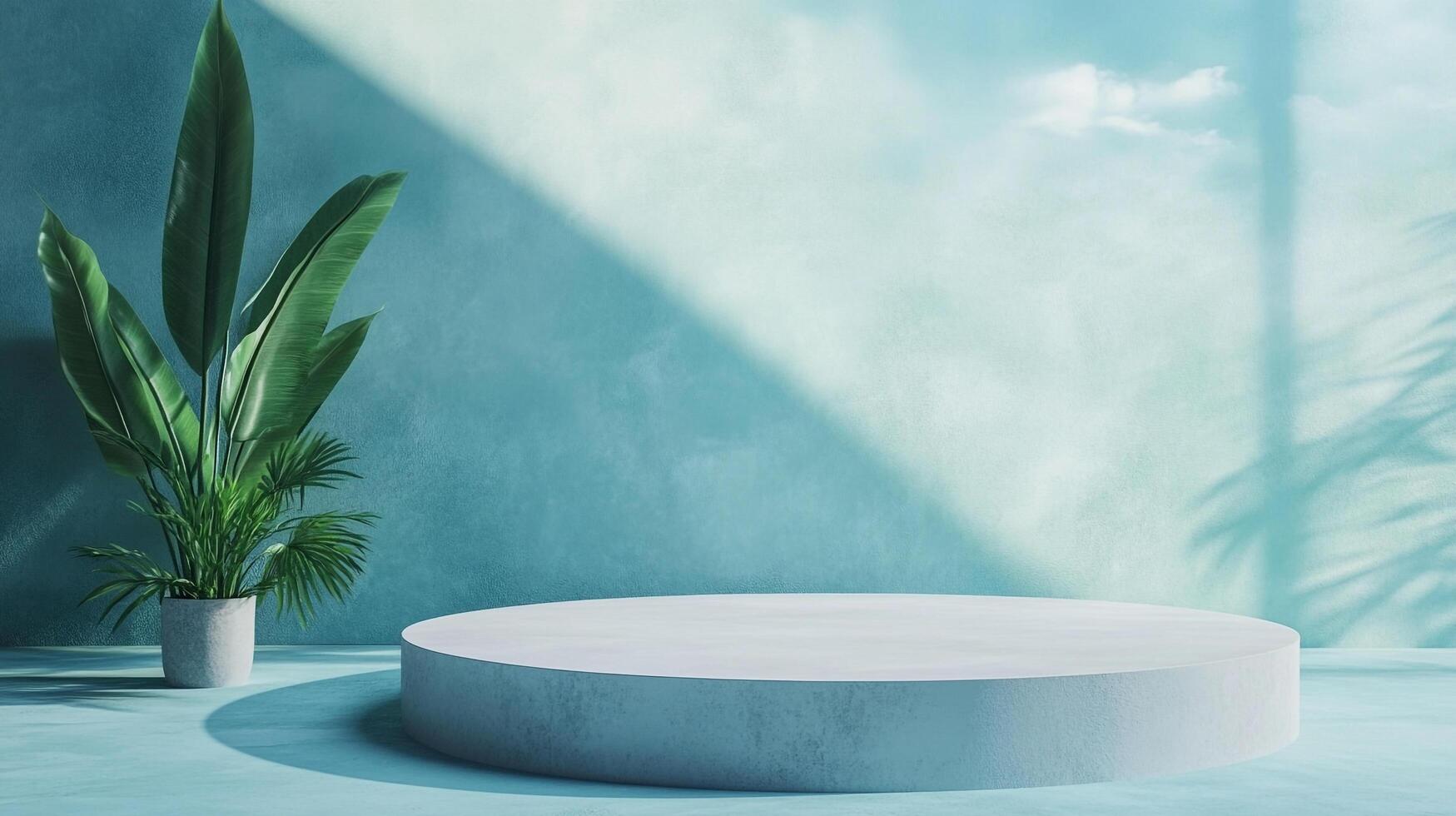 Minimalist presentation scene with a cylindrical platform, tropical plant, textured background, and subtle lighting effects. Serene and inviting. photo