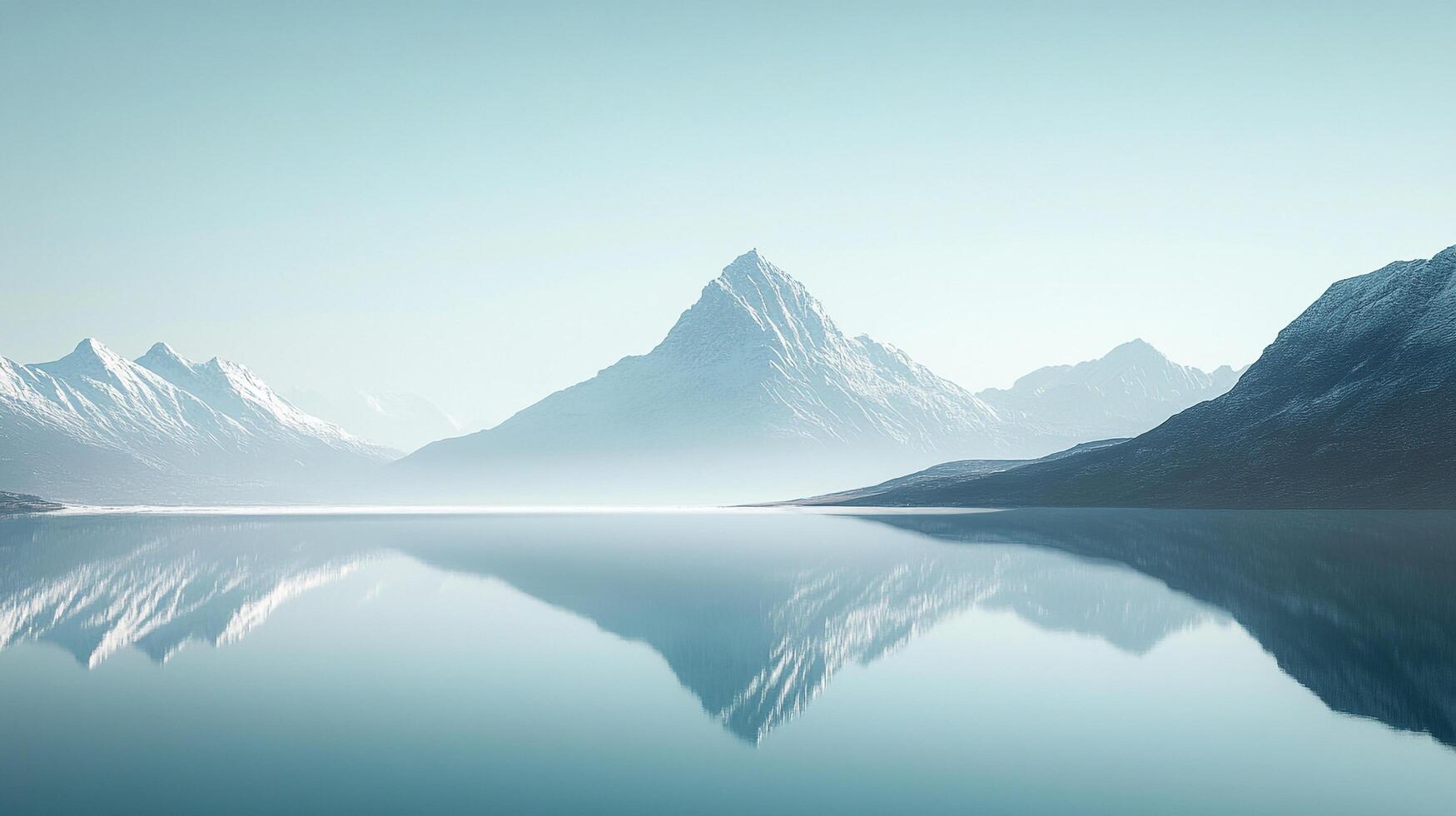 A serene landscape features snow-capped mountains reflected on a calm lake under a bright sky, creating a sense of tranquility. photo