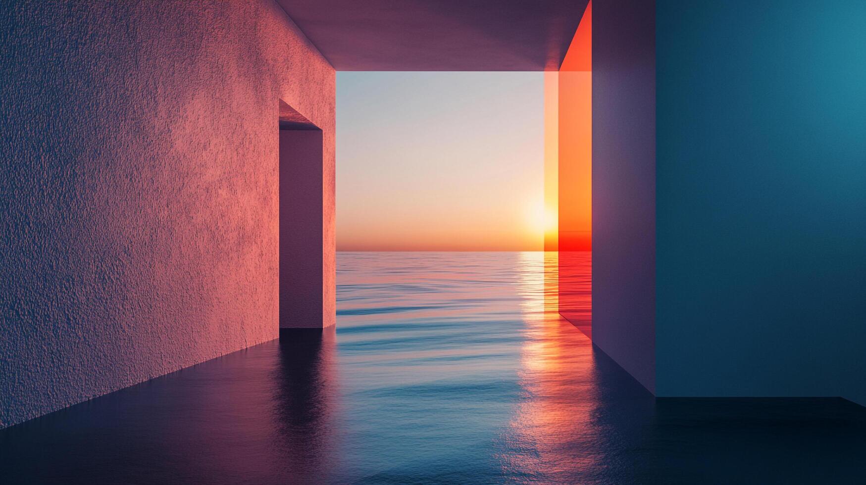 A minimalist architectural space frames the ocean at sunset, blending interior lines with natural light and calm sea views. photo