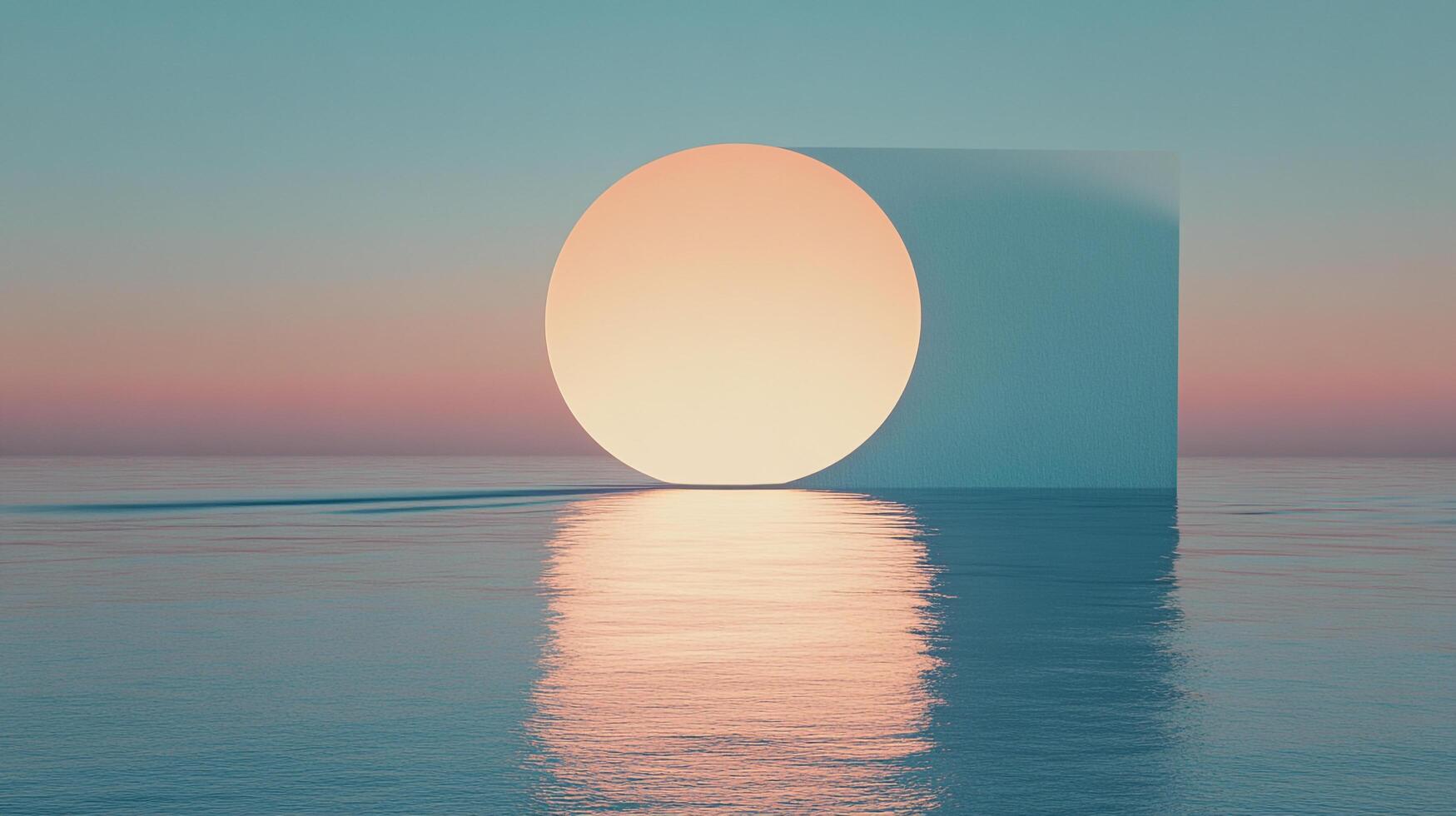 A surreal, dreamlike image of a large, glowing orb partially submerged in tranquil waters against a soft, pastel gradient sky. photo