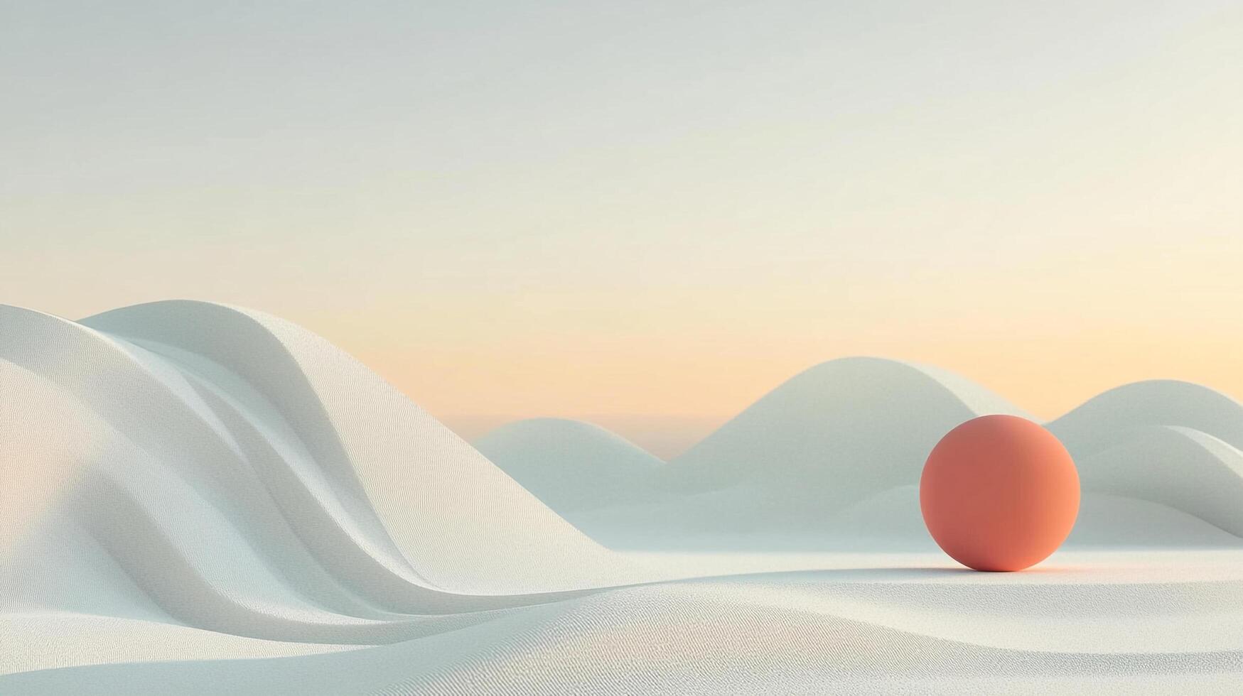 Minimalist abstract composition of undulating white hills against a gradient sky with a single coral colored sphere in the foreground. photo
