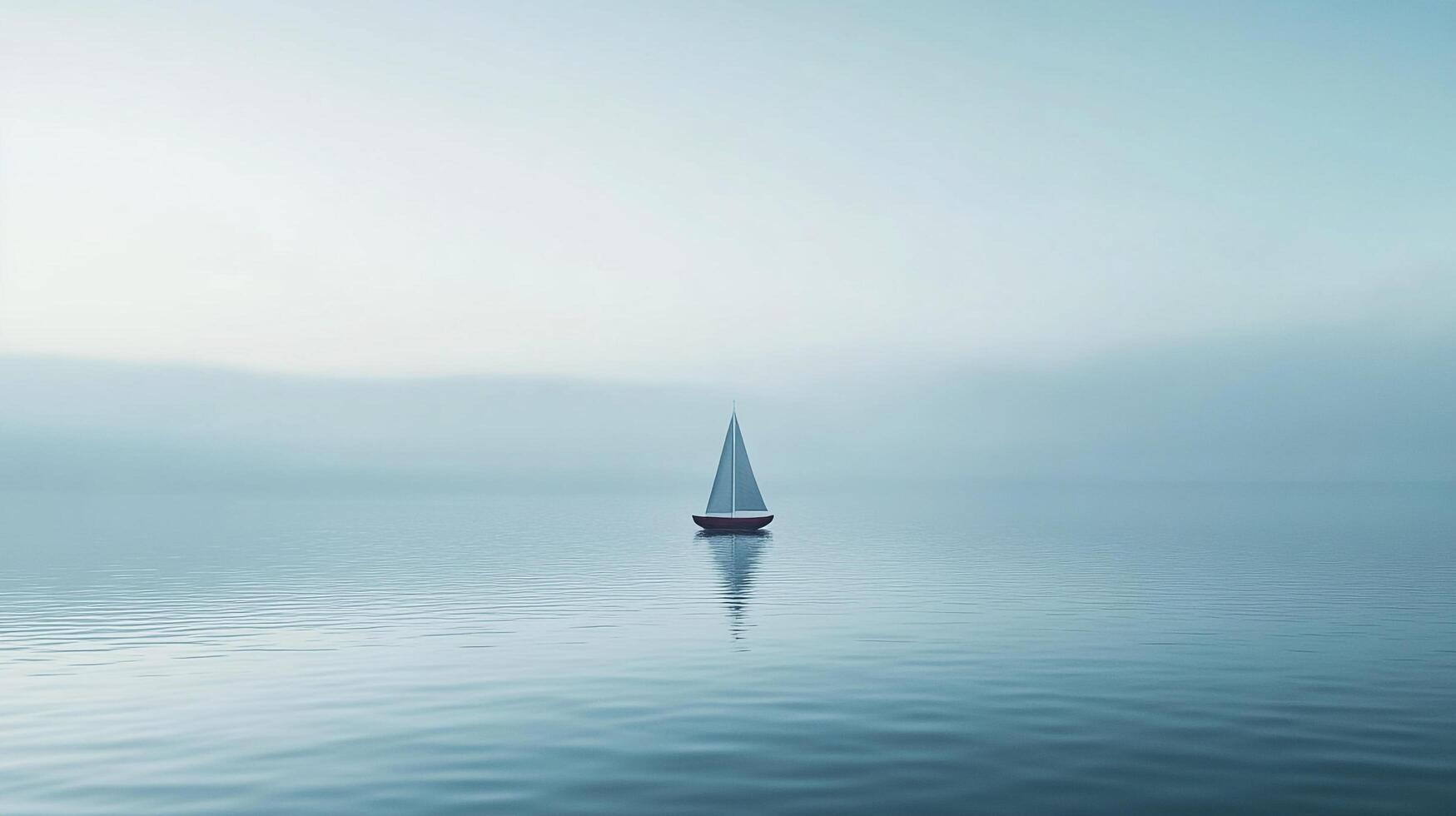 A lone sailboat with white sails glides silently across the tranquil, pale blue waters of a vast lake or ocean on a misty morning. photo