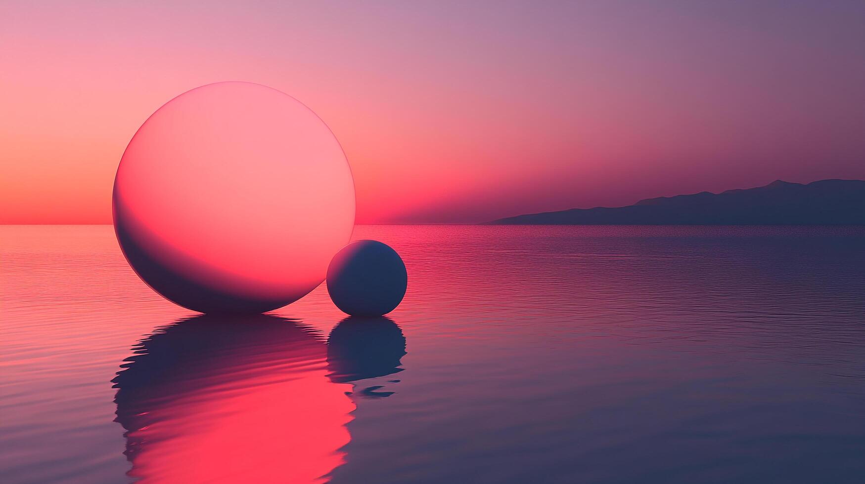 Two spheres reflected in water at sunset evoke tranquility and awe. Calming seascape blends art and nature in harmonious colors. photo