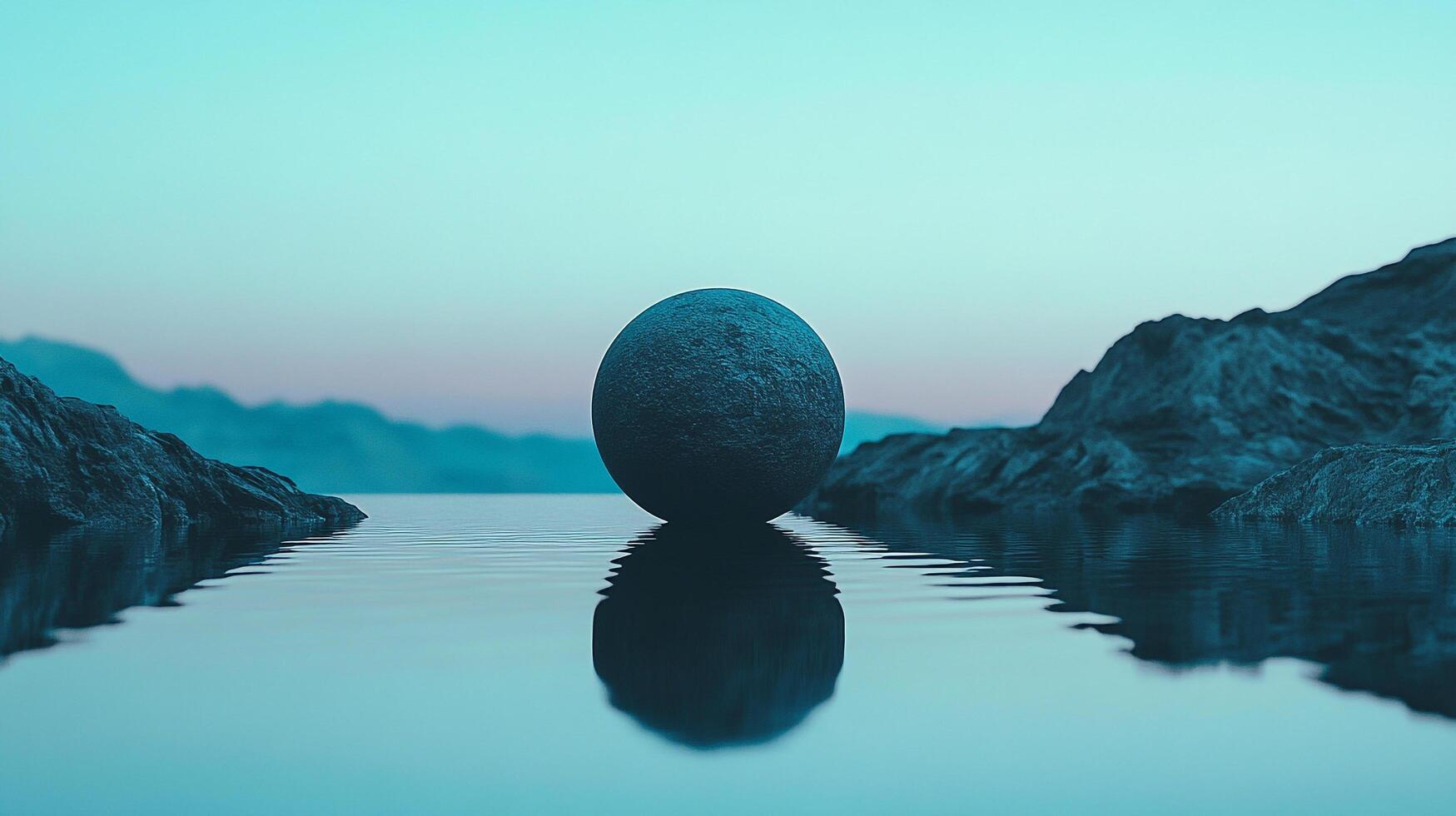 Mystical sphere reflected on tranquil water between rocky shores, bathed in cool, ethereal light. A scene of serene, abstract beauty. photo