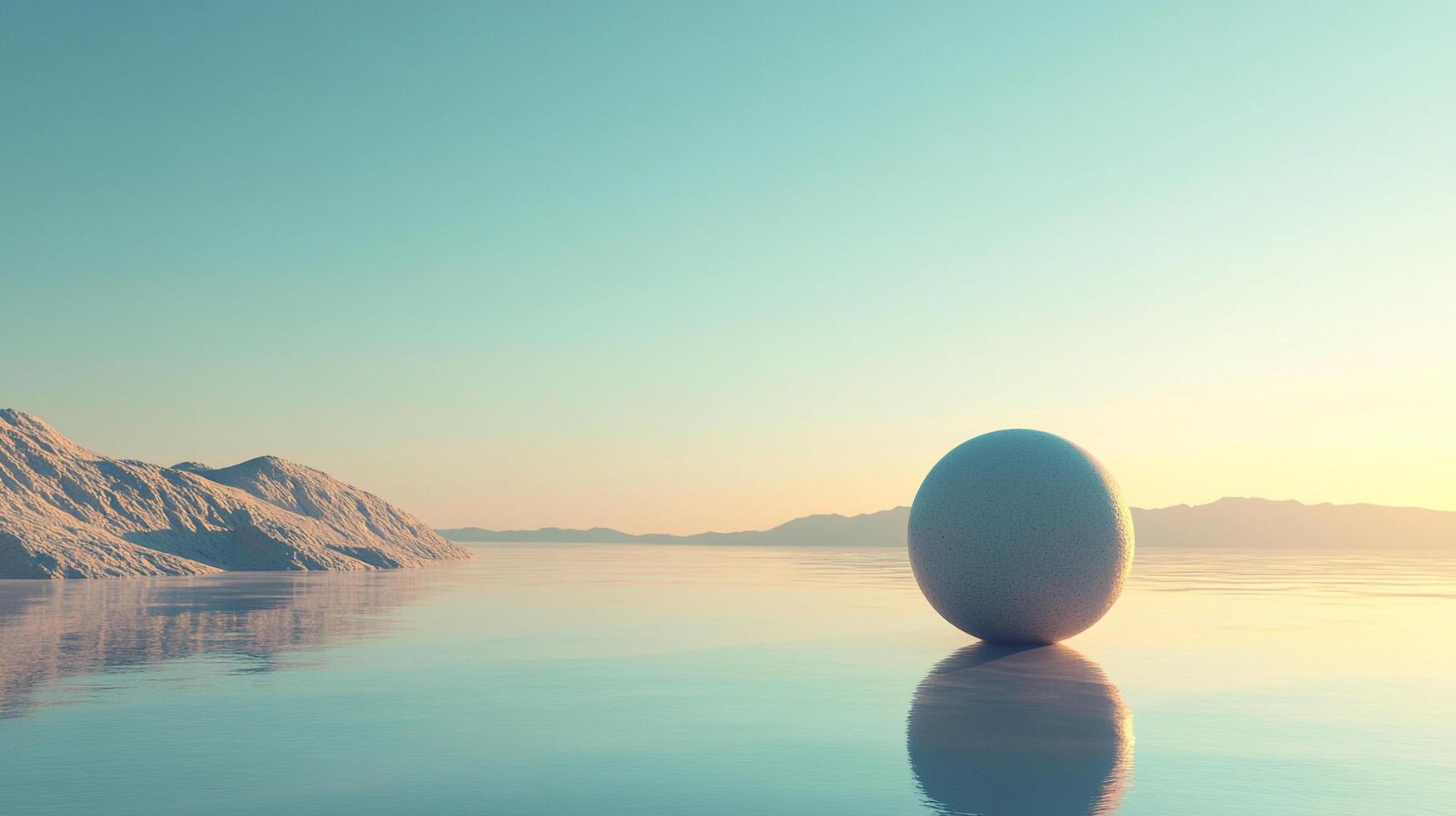 Serene scene with reflective water, mountains in the distance, and a sphere in the foreground, bathed in soft light. Minimalist beauty. photo
