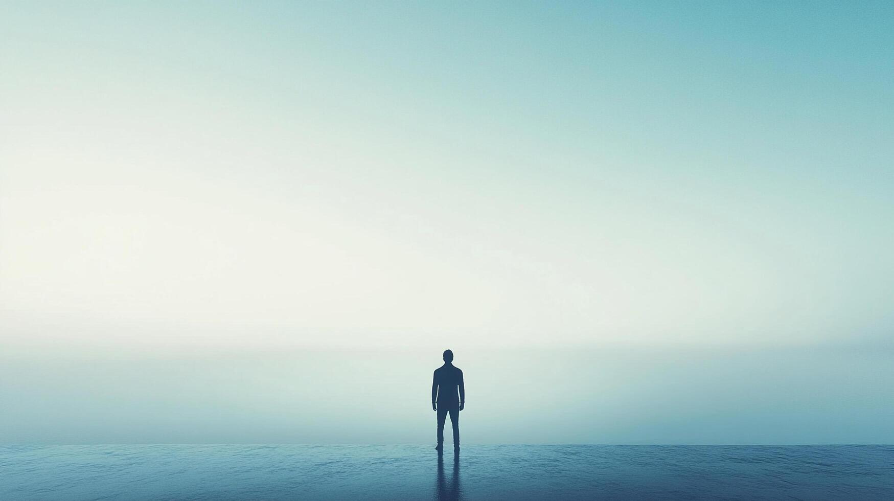 Silhouette of an individual facing a serene horizon, blending sky and water in soft blues and whites, evoking peace and contemplation. photo