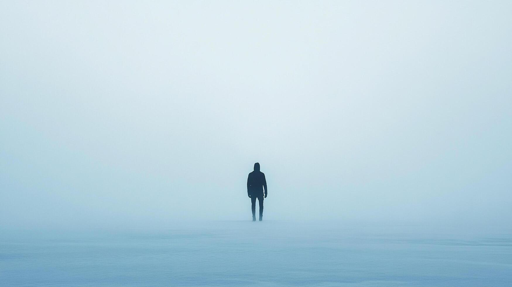 A solitary figure stands against a background of fog. The person faces away and walks toward a misty horizon filled with mystery. photo