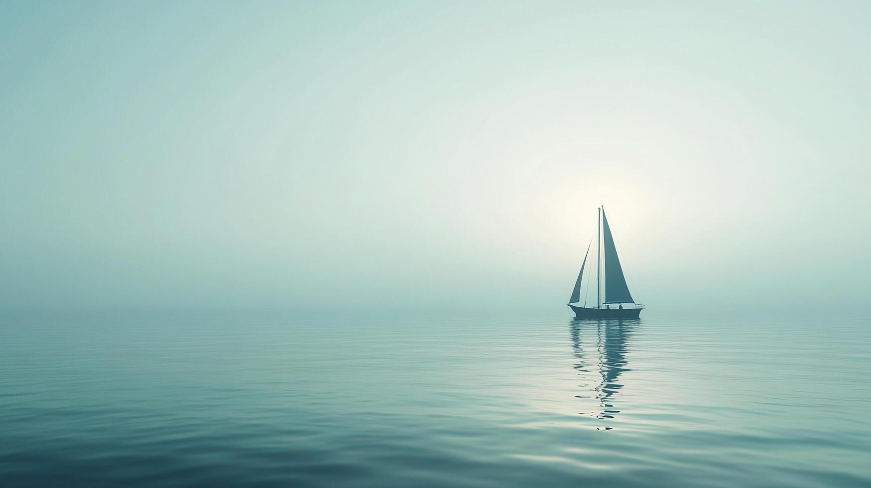 Sailboat glides through calm, misty waters, reflecting the serene scene back in its tranquil surface. Sky fades into a tranquil horizon. photo