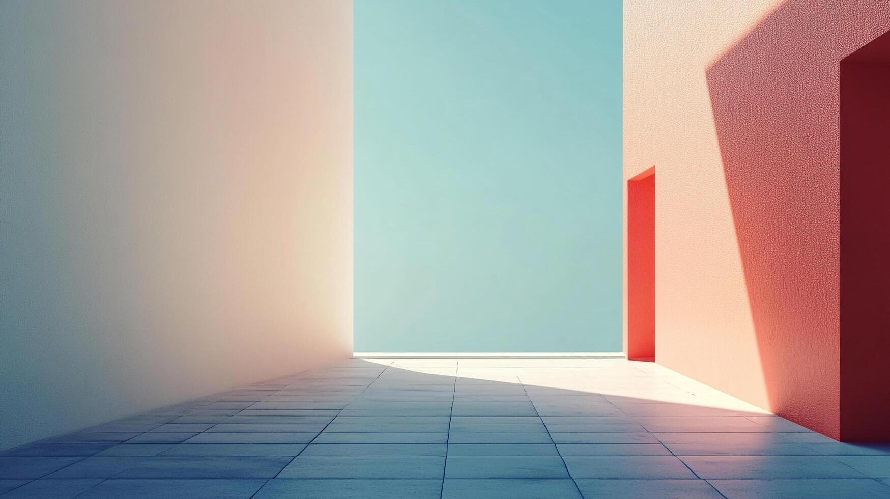 Minimalist architectural scene featuring pastel walls, tiled flooring, and natural light creating geometric shadows. Modern building aesthetic. photo