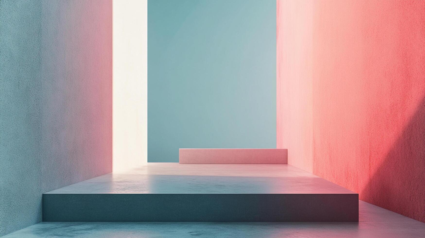 Abstract color blocked room interior featuring platform for product display with contrasting pink, blue, gray, and white hues. photo
