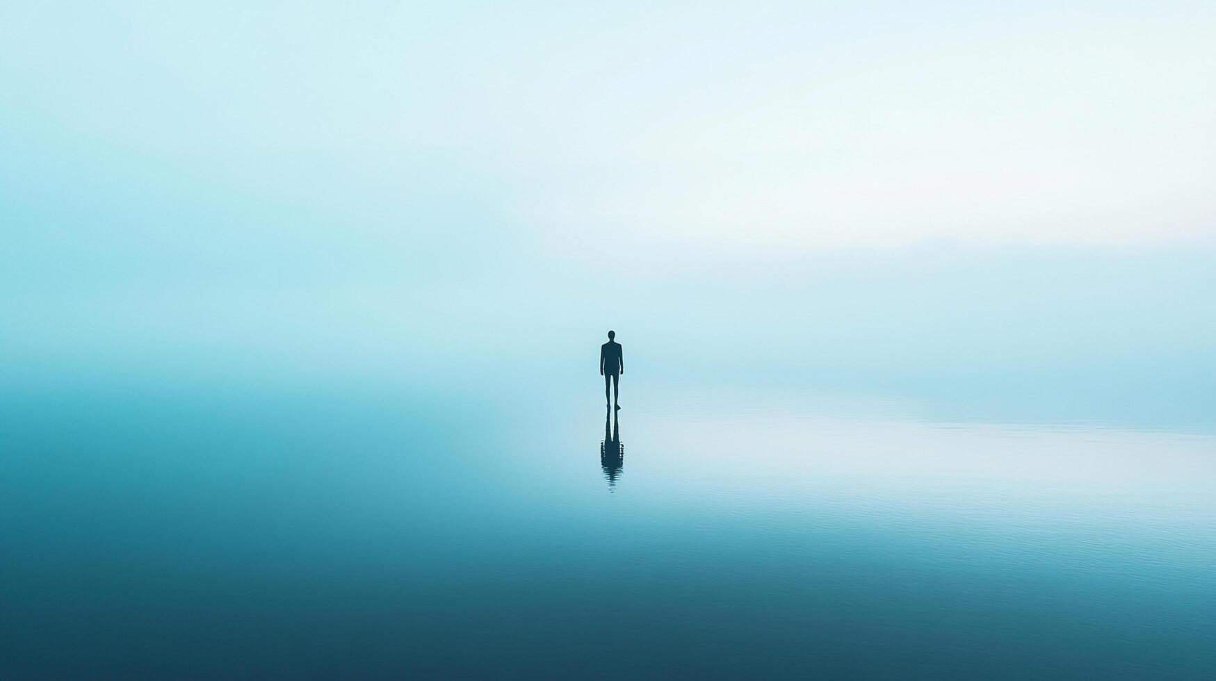 Isolated figure stands on reflective surface in vast blue, evoking solitude and contemplation. Mysterious aura, minimal composition. photo