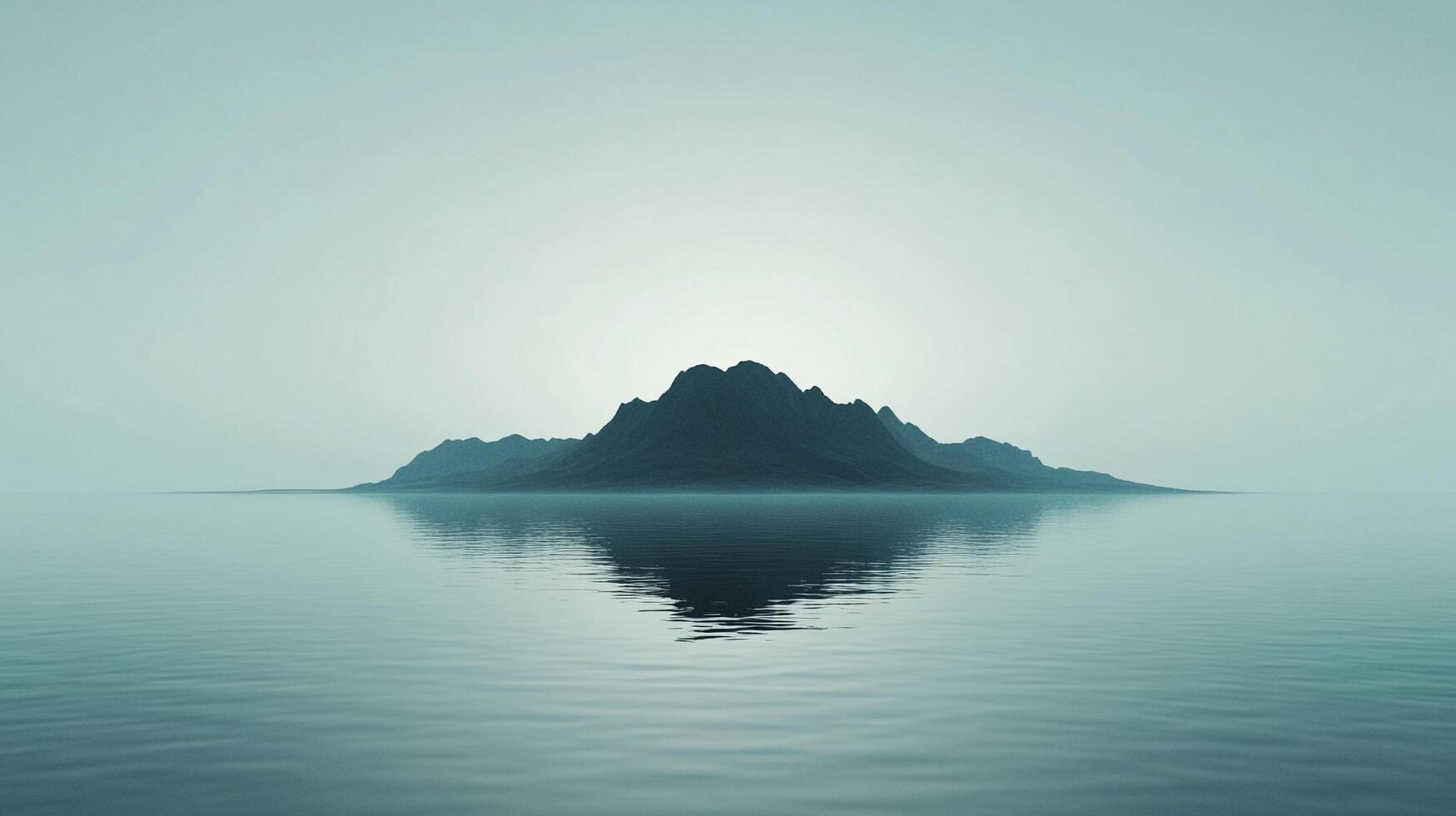 Serene mountain island reflected on calm water. Muted hues create a peaceful, minimalist landscape with a dreamlike quality. photo