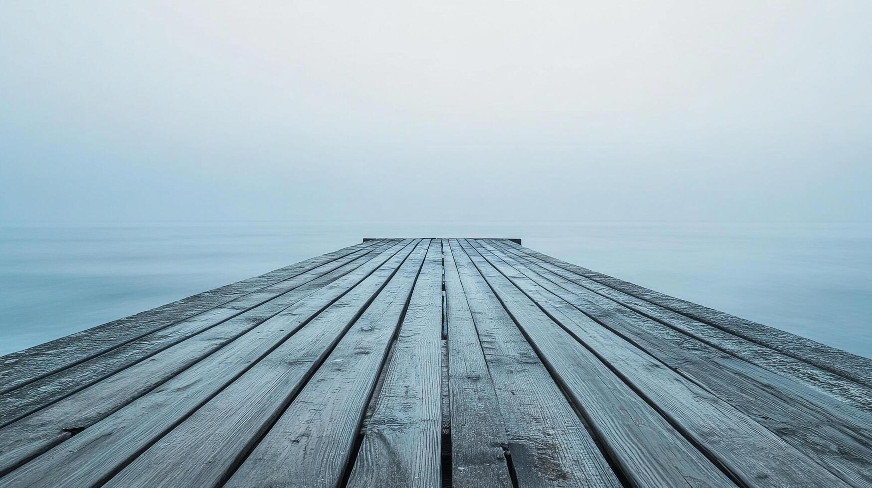 Tranquil pier extends to the horizon, where the pale blue water merges seamlessly into the fog filled sky, inviting a sense of serenity. photo