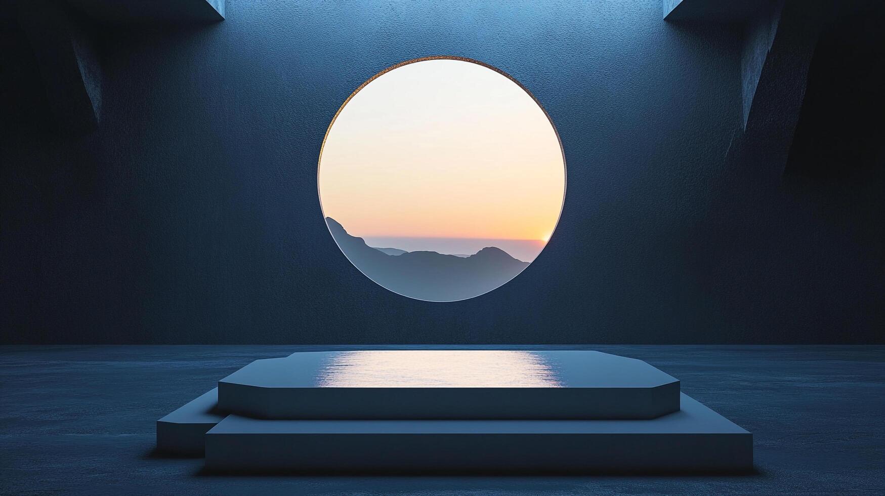 Abstract platform interior with circular sunset vista, minimalist and serene, bathed in cool blue hues and gentle natural light. photo