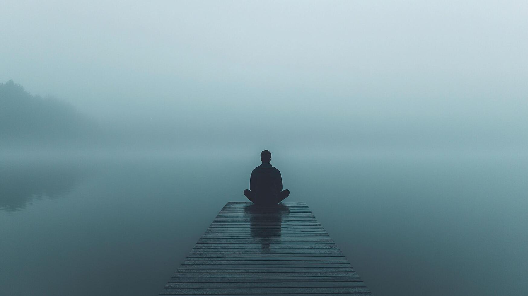 Person meditating on dock with morning mist. A serene atmosphere of mindfulness and inner peace surrounded by hazy waters. photo
