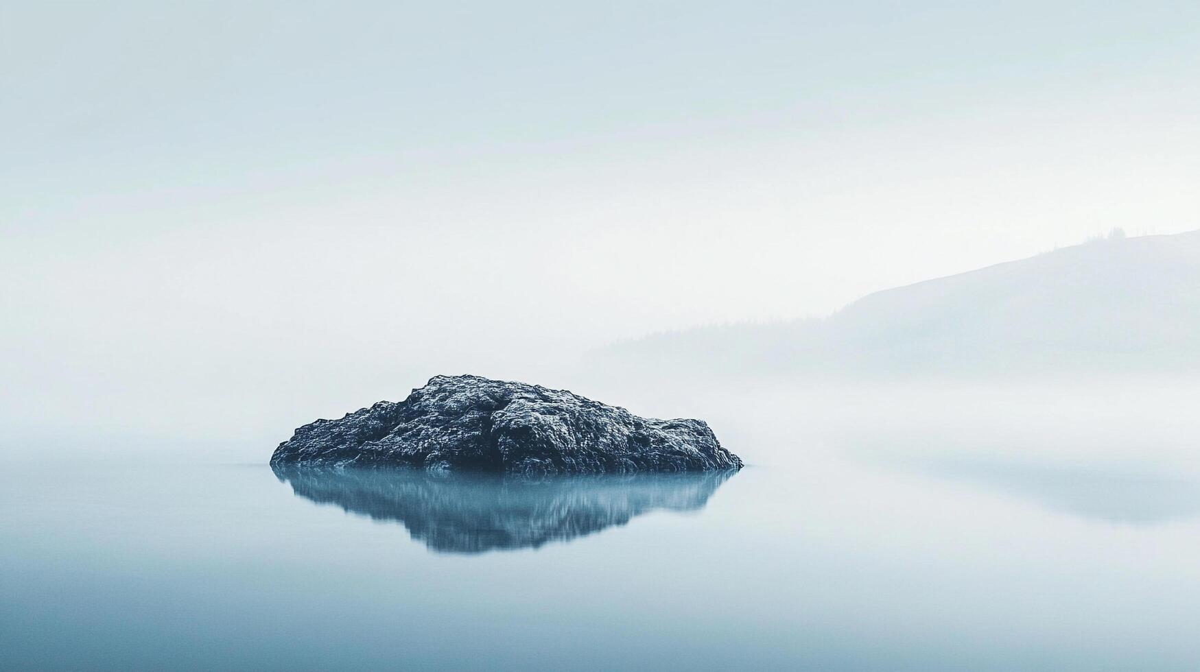 A serene rock island emerges from calm waters, shrouded in mist, a minimalist scene exuding tranquility and understated natural beauty. photo