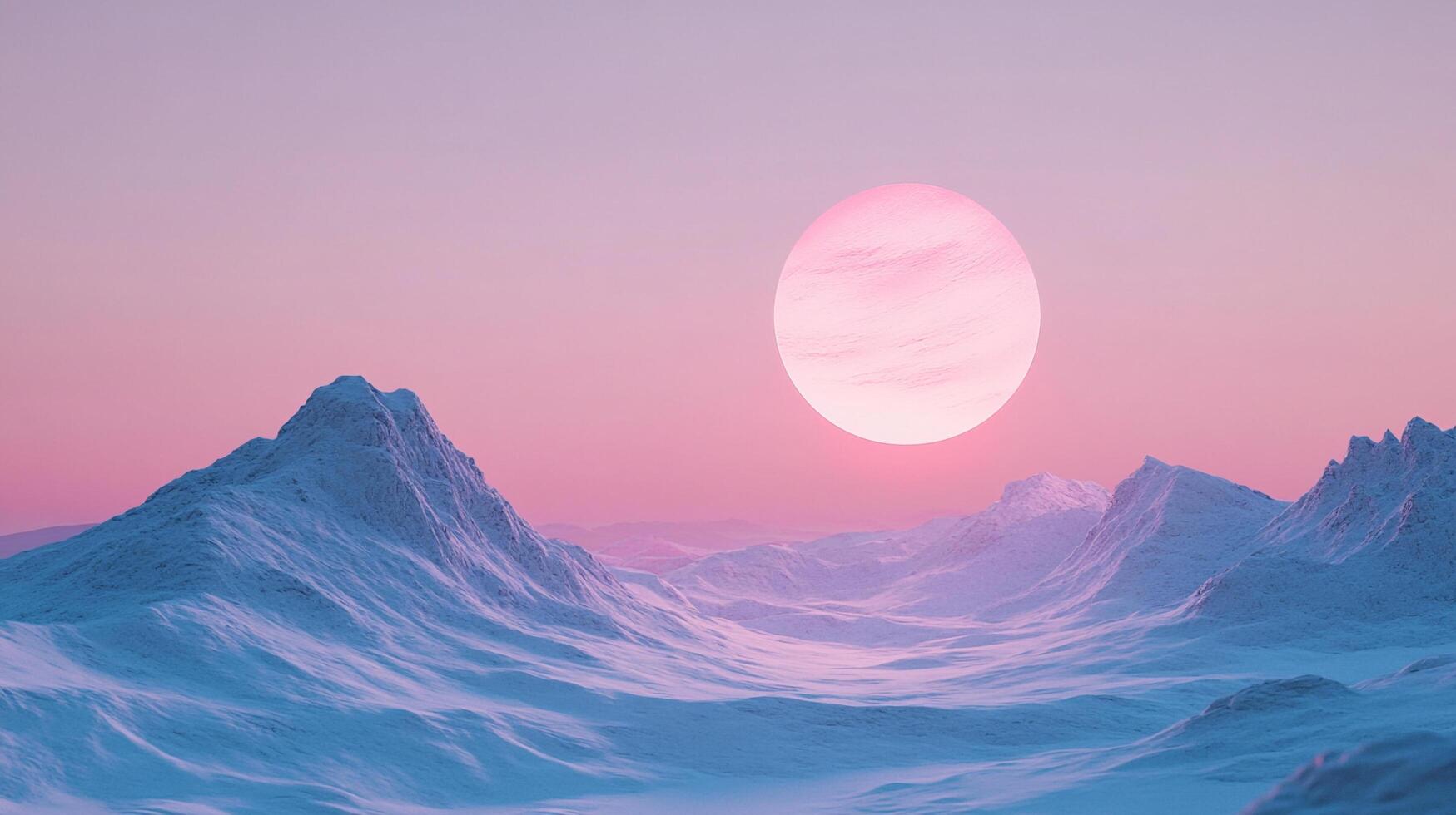 Otherworldly landscape with snow-covered mountains under a giant pink planet or sun, creating a serene and ethereal vista. photo