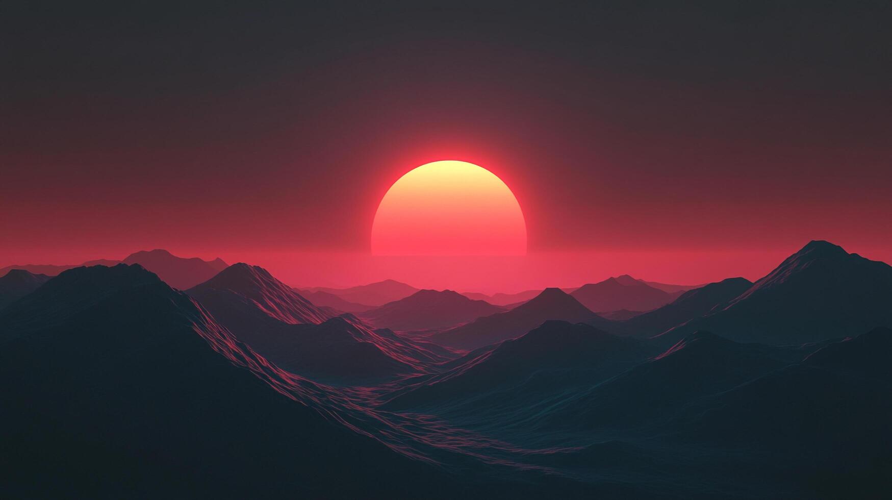 An ethereal sunset casts a reddish glow over a range of mountainous terrain. The landscape is surreal and serene, a scenic vista of nature's beauty. photo