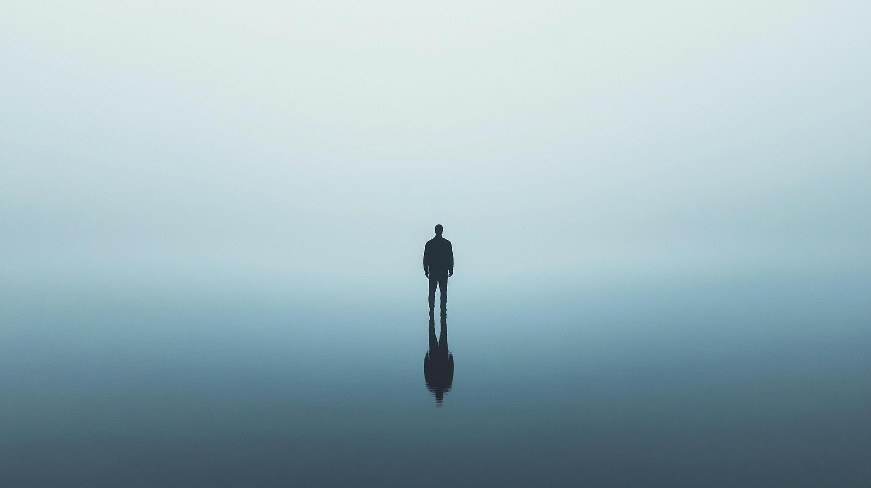 Solitary figure standing on a reflective surface under a gradient sky, evokes serenity and introspective mood. Minimalist and contemplative. photo