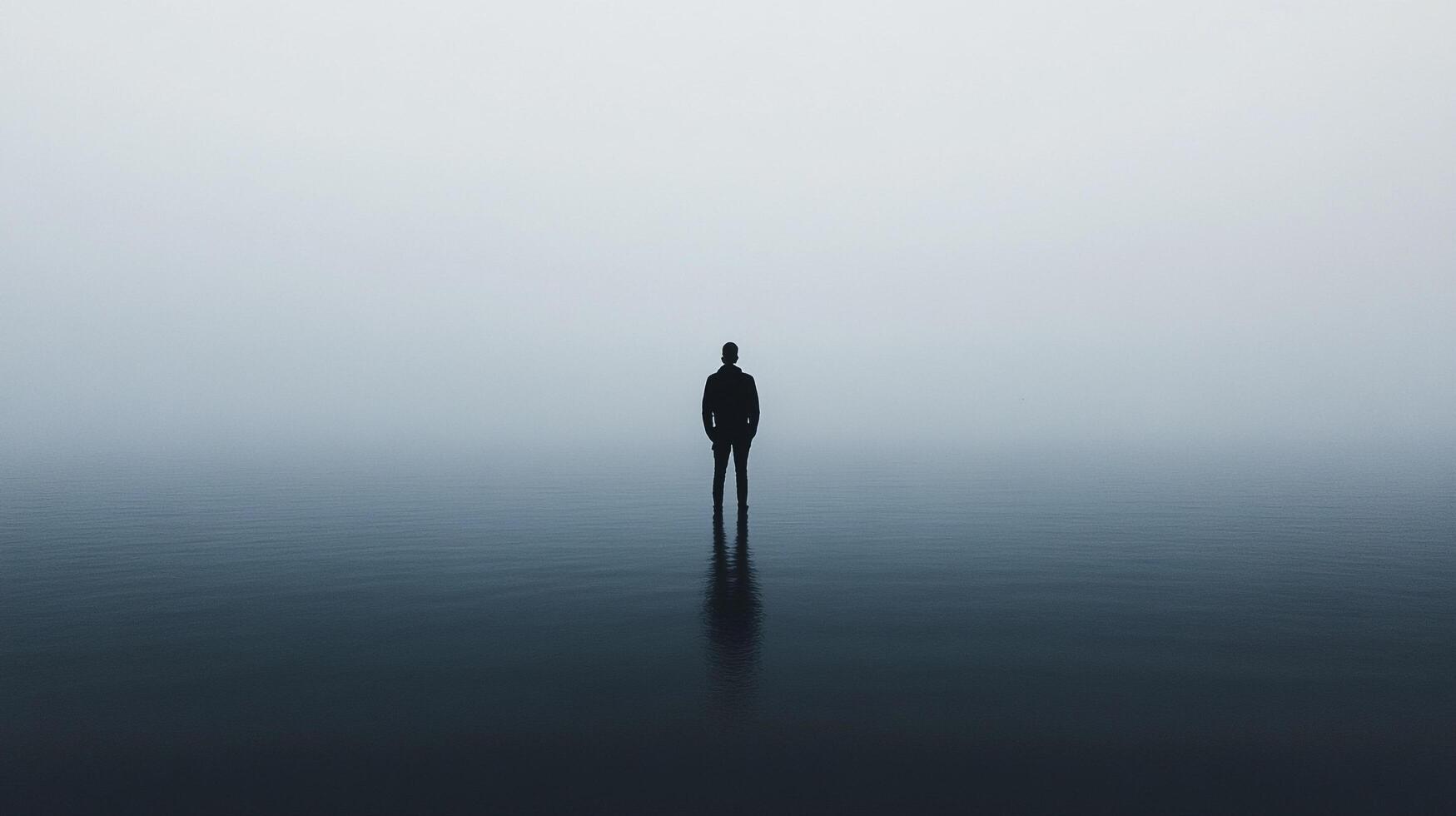 Figure stands on the water's surface, blending with the misty horizon. Creates a meditative, minimalist, and surreal atmosphere. photo