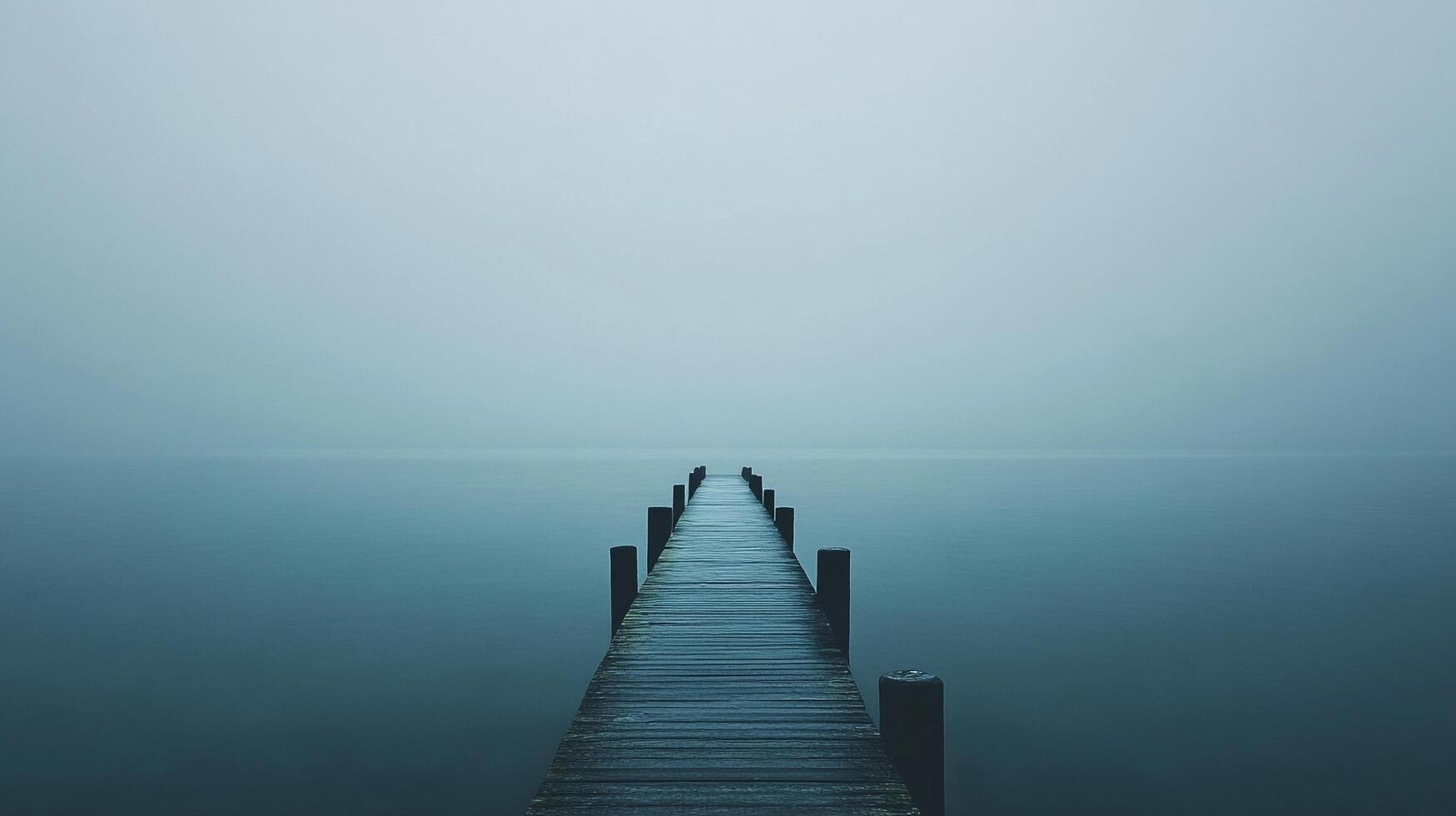 A wooden pier stretches into a misty horizon, creating a tranquil scene, inviting contemplation and a sense of serenity. Beautiful and peaceful. photo