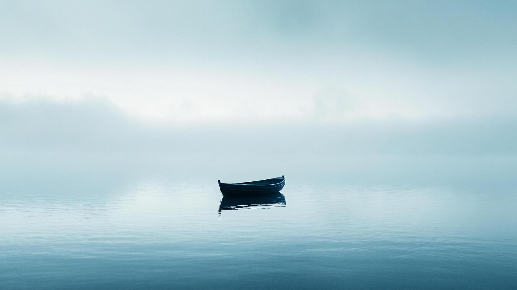 A solitary boat adrift on calm, misty water creates a serene and peaceful scene of tranquility and solitude against the muted sky. photo