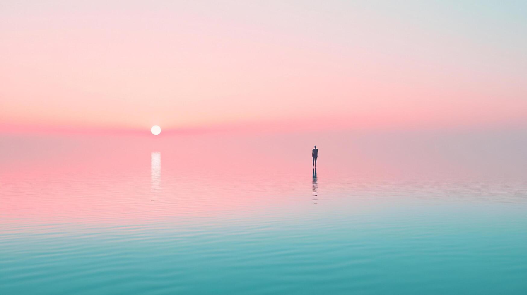 Lone figure stands silhouetted against the pastel dawn sky over calm waters, creating a serene and meditative scene. photo