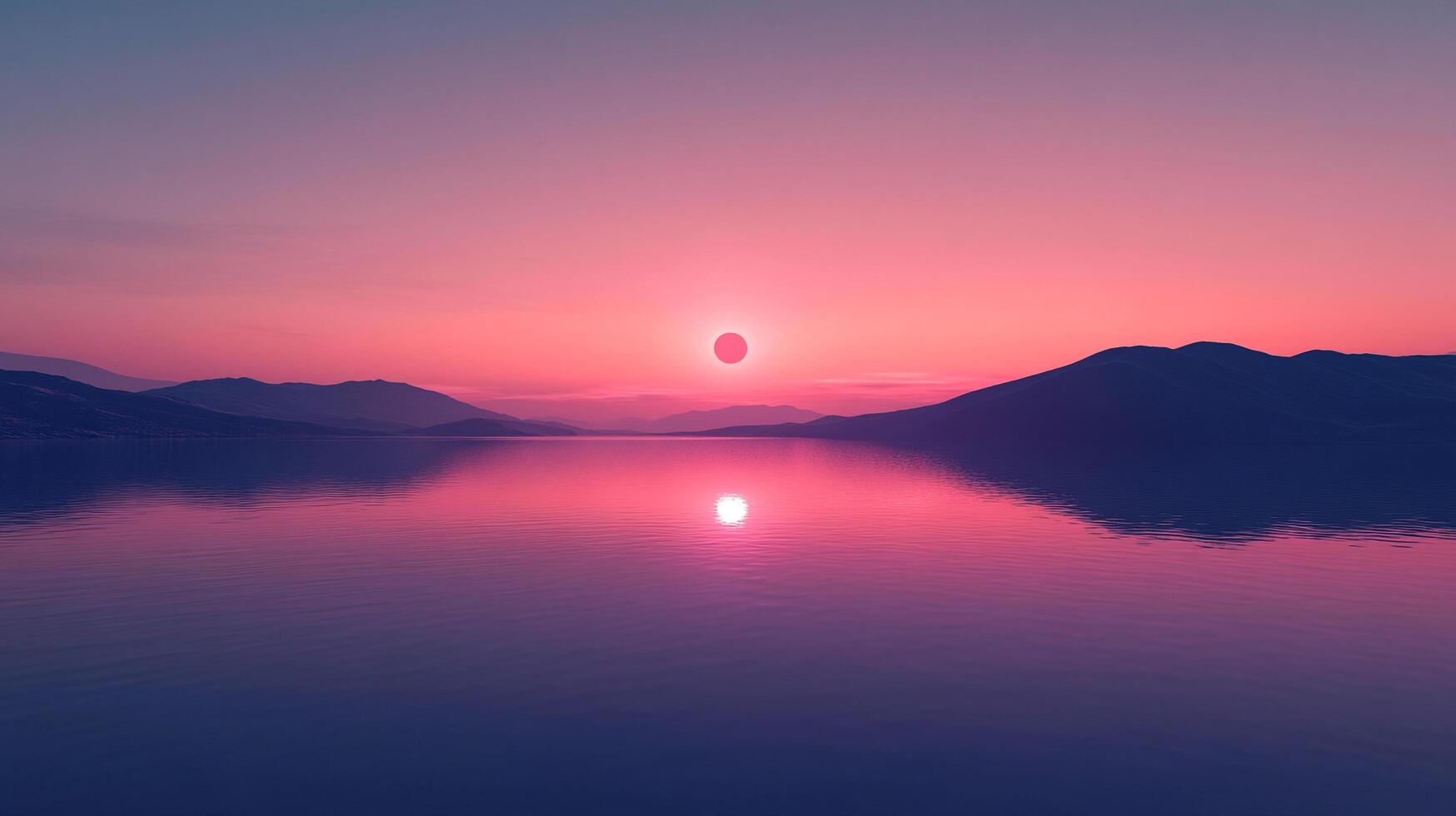 Tranquil sunset over the lake. Waters reflect a radiant glow between land silhouettes, serene pink and purple gradient colorscape. photo