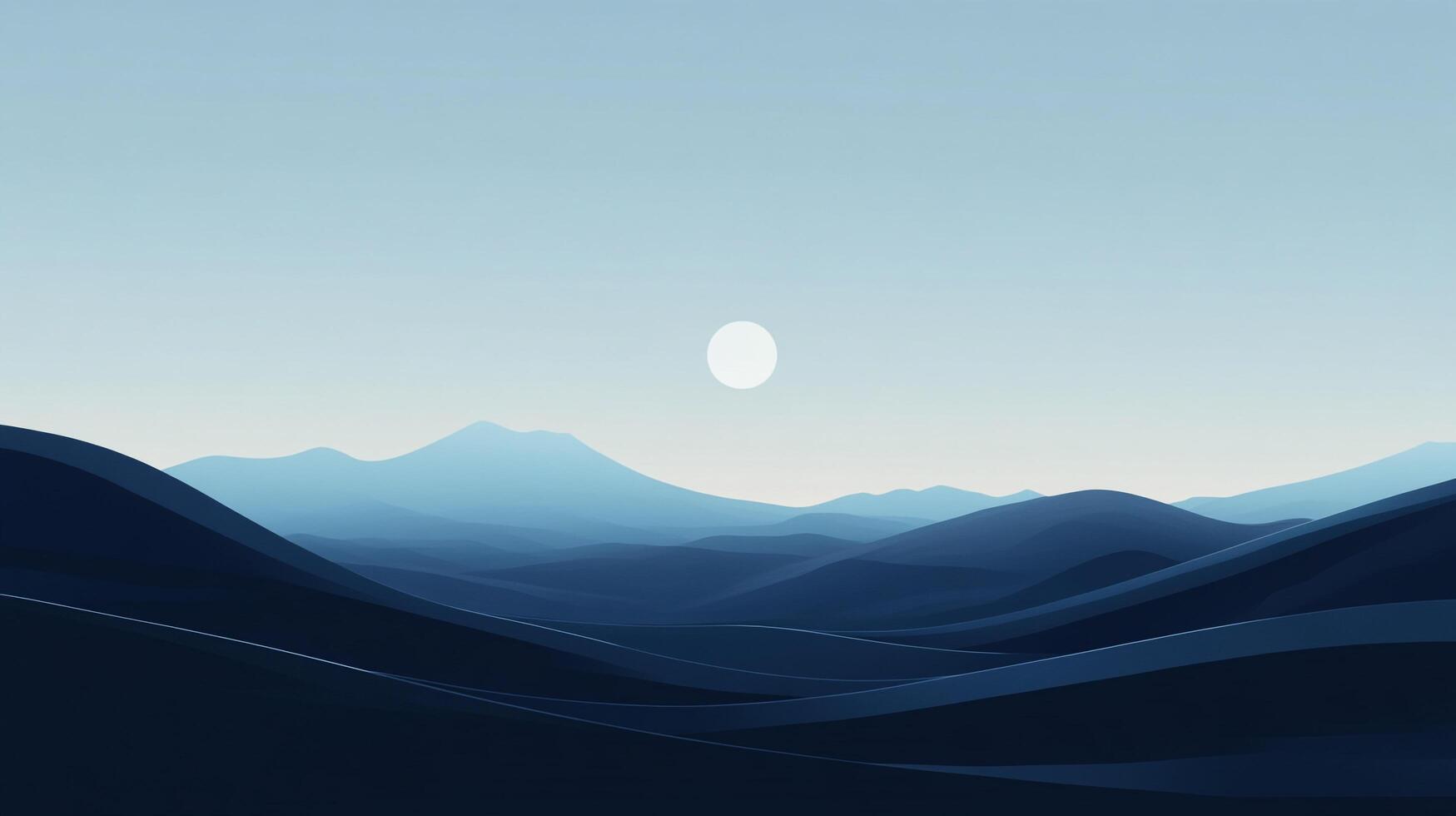 Minimalist landscape showcases a series of layered mountains in shades of blue under a pale sky with a bright, simple sun or moon. photo