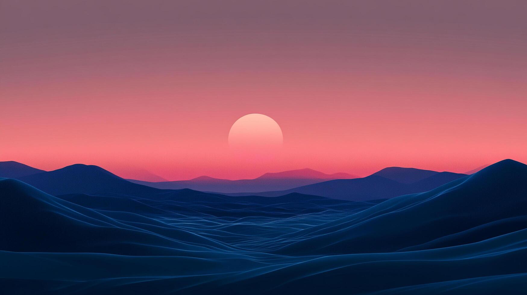 A mesmerizing, ethereal landscape featuring rolling hills against a backdrop of a serene sunset, casting a warm and peaceful glow. photo