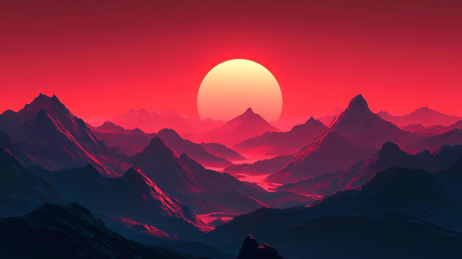 Red mountain ranges against a sunset sky, creating a serene and dramatic landscape of peaks shrouded in mist and saturated with vivid color. photo