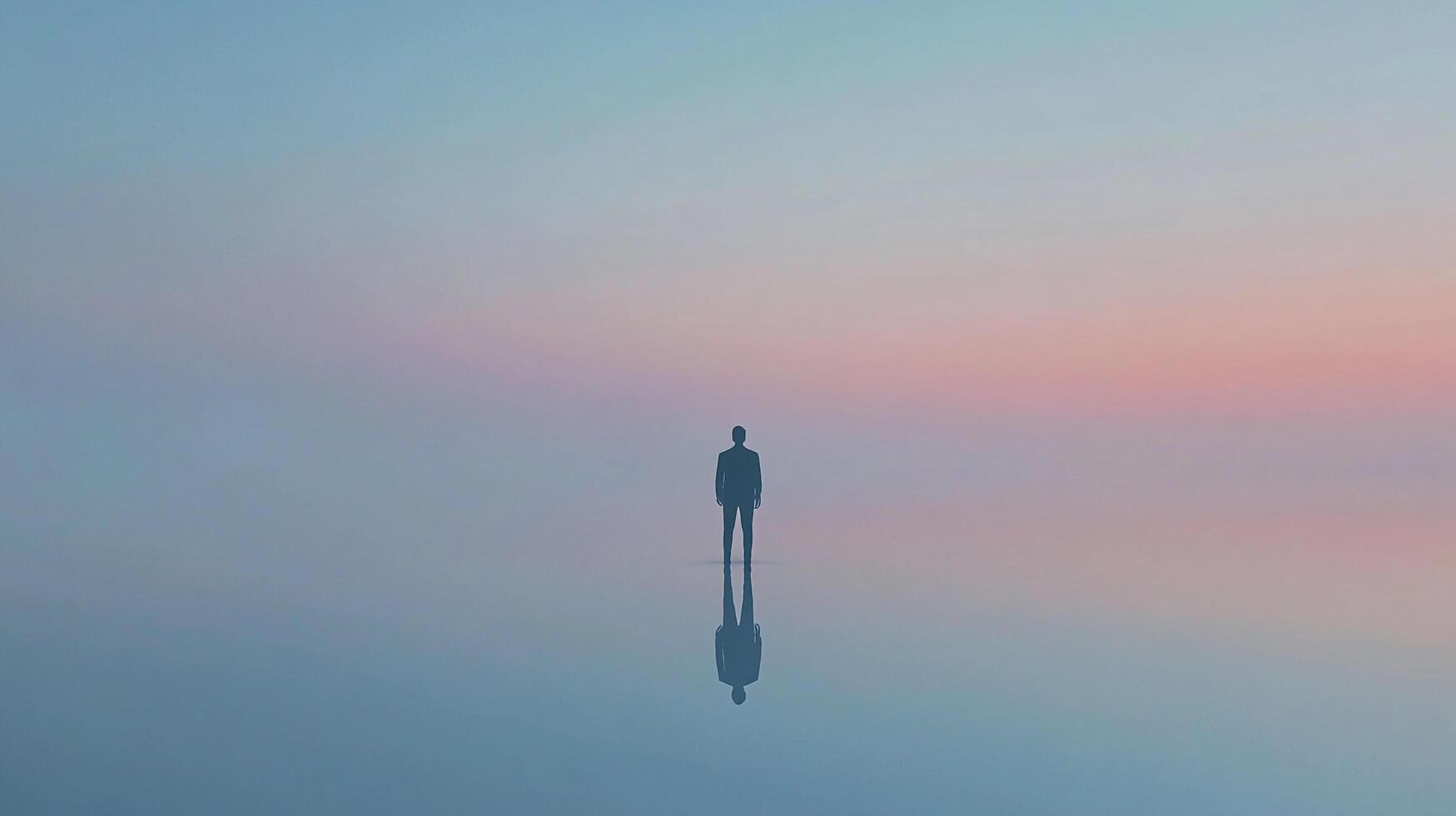 A solitary figure stands reflected in a serene landscape, evoking a sense of contemplation and the quiet beauty of solitude and nature's art. photo