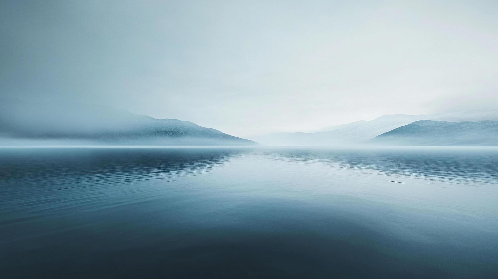 Serene view of calm water reflecting a mountain range shrouded in mist on the horizon in soft, muted blue tones, exuding peace. photo