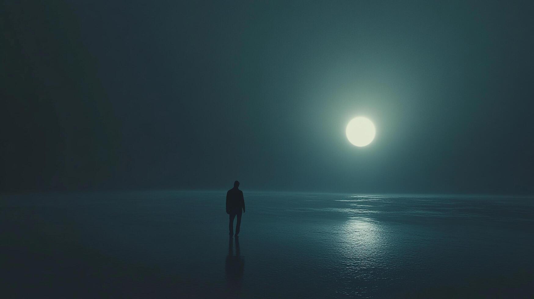 Solitary figure walking towards the moon in a surreal, atmospheric landscape. A moment of quiet introspection under a luminous sky. photo
