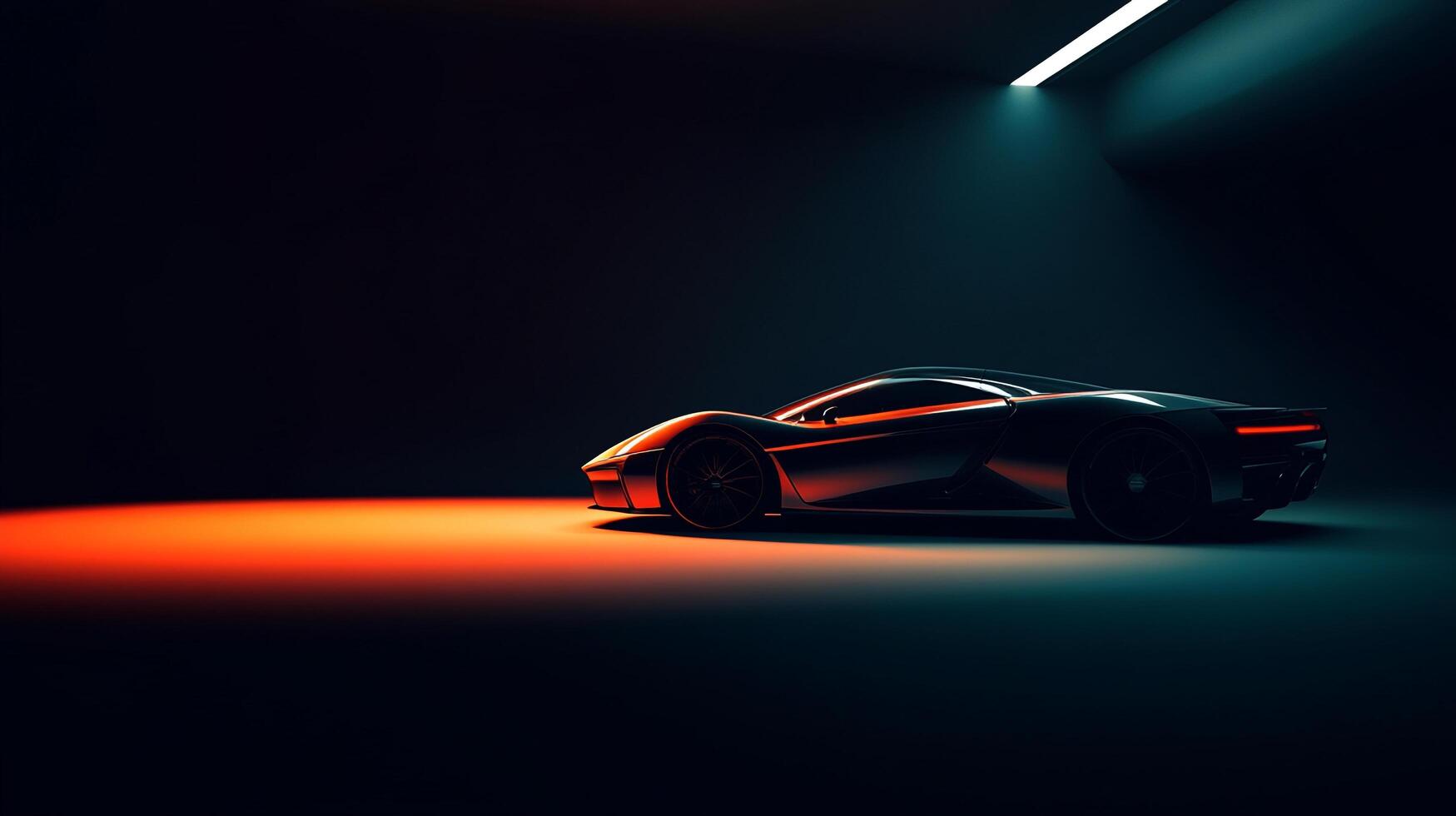 Sleek sports car design showcased in a dark studio with vibrant red and teal lighting enhancing its modern aerodynamic lines. photo